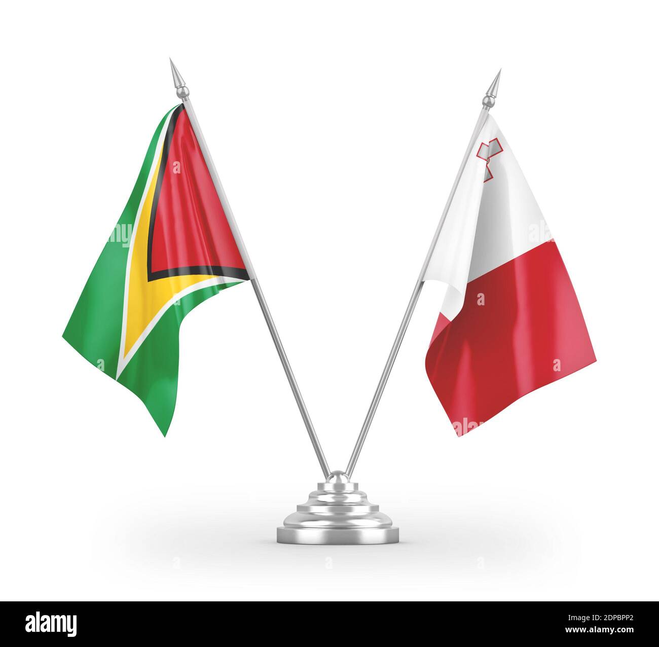 Malta und Guyana Tischflaggen isoliert auf weißem 3D-Rendering Stockfoto