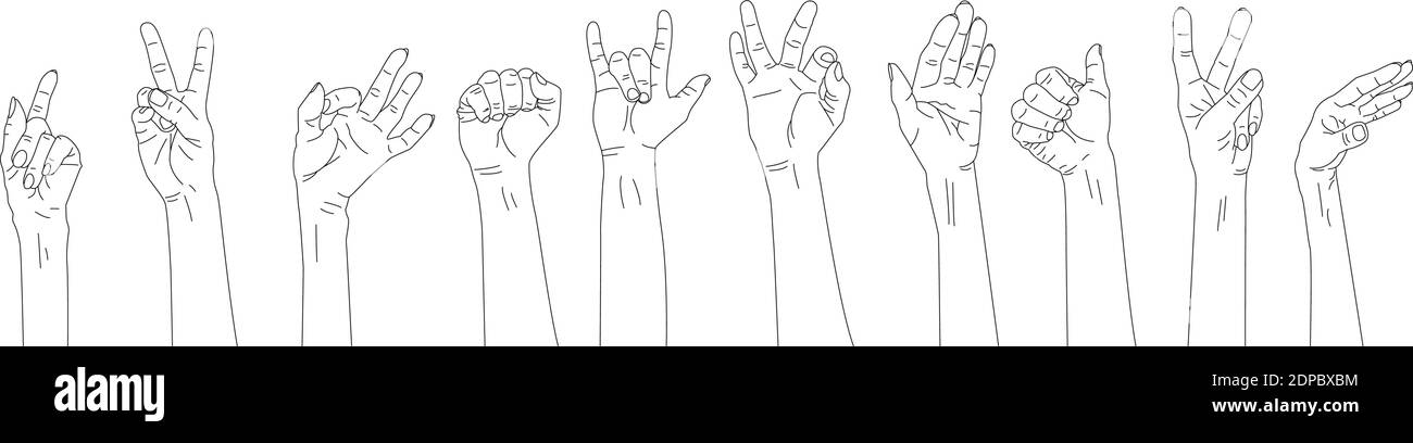 Set von 10 verschiedenen Gesten. Umreißen Sie die Hände nach oben. Frauen- und Männerhände. Stock Vektor