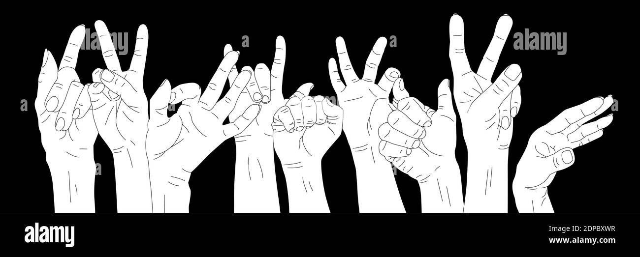 Set von 10 verschiedenen Gesten. Umreißen Sie die Hände nach oben. Frauen- und Männerhände. Stock Vektor