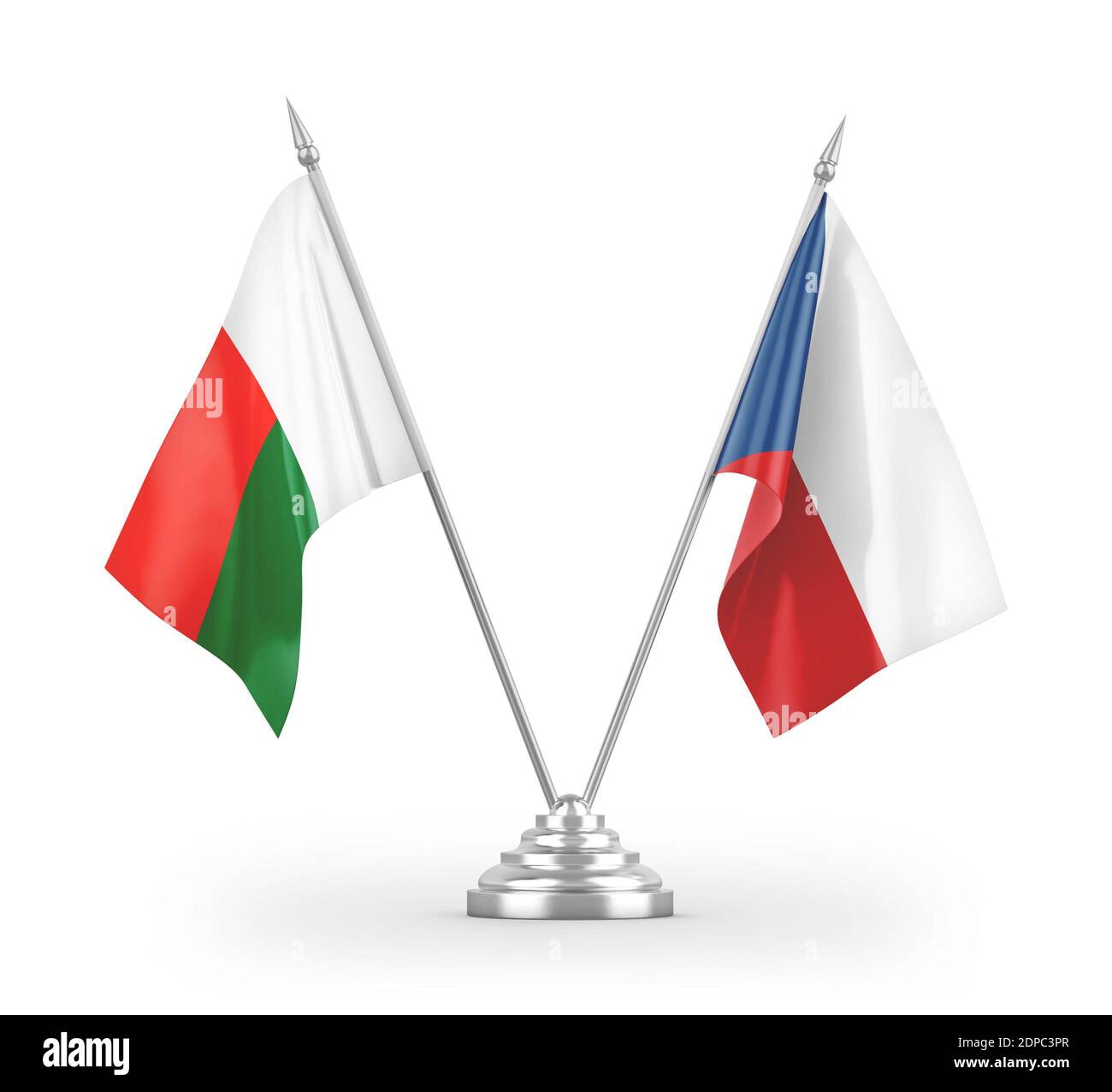 Tschechische und Madagaskar Tischflags isoliert auf weißem 3D-Rendering Stockfoto