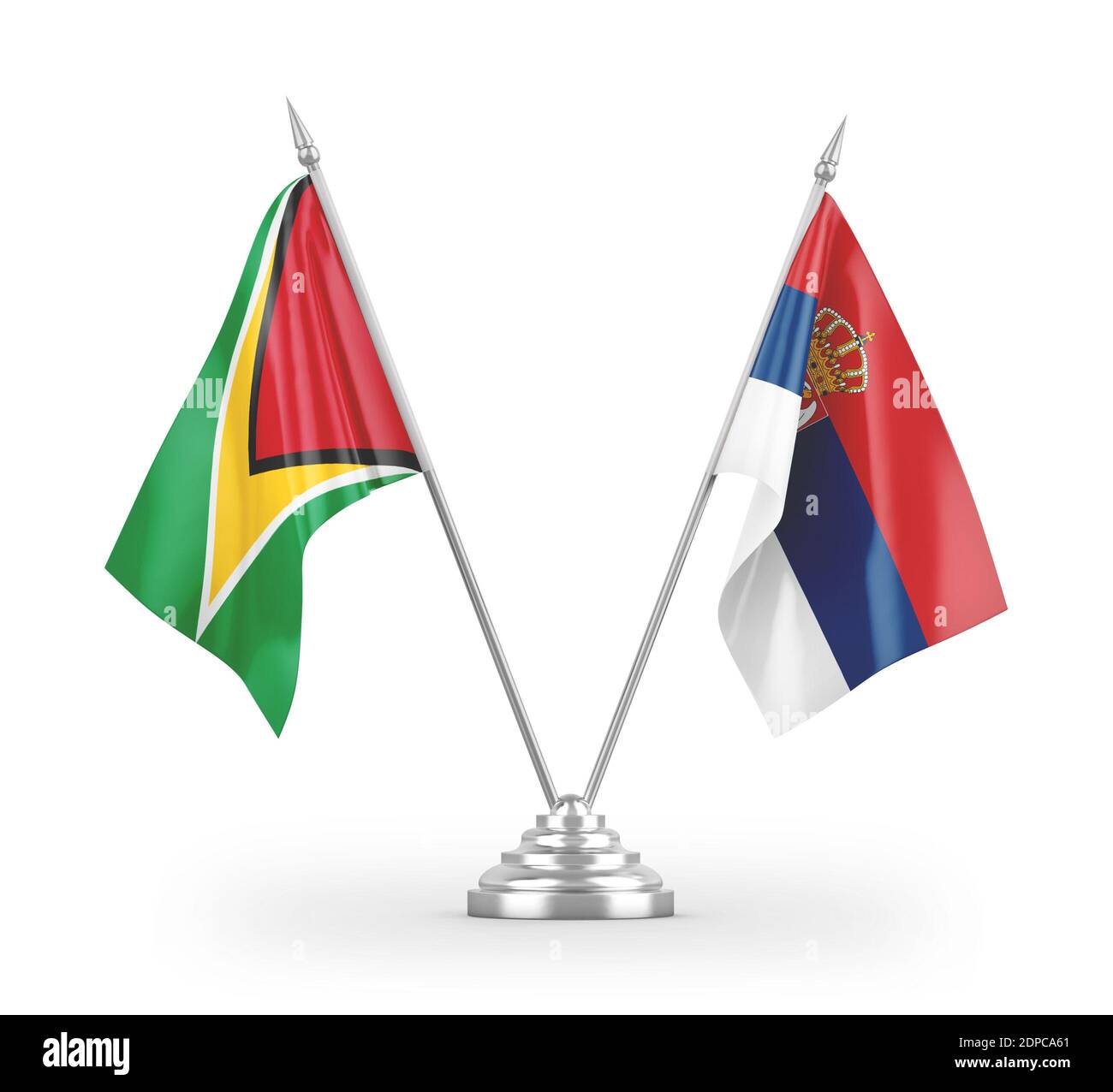 Serbien und Guyana Tischflags isoliert auf weißem 3D-Rendering Stockfoto