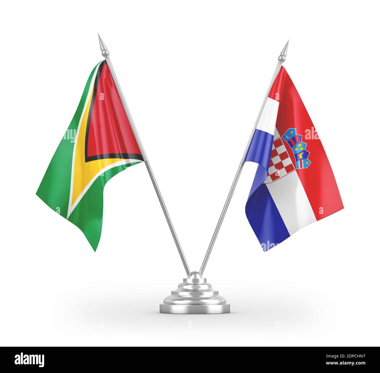 Kroatien und Guyana Tischflaggen isoliert auf weißem 3D-Rendering Stockfoto