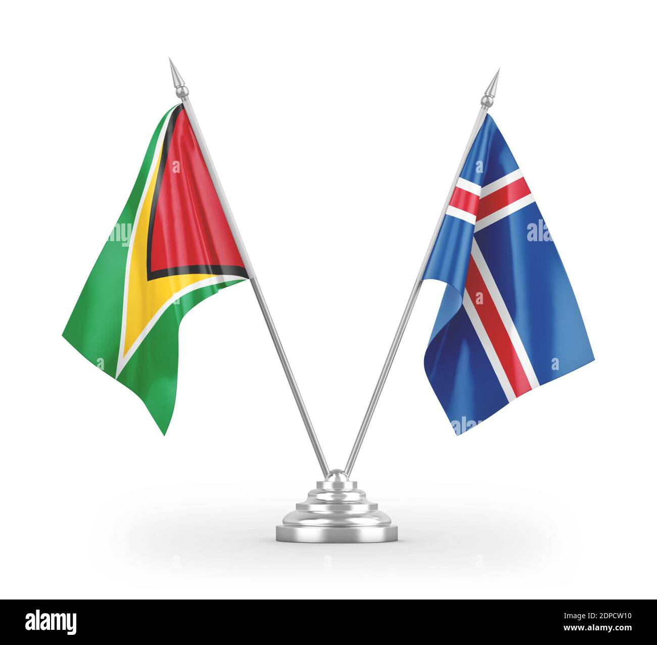 Island und Guyana Tischflags isoliert auf weißem 3D-Rendering Stockfoto