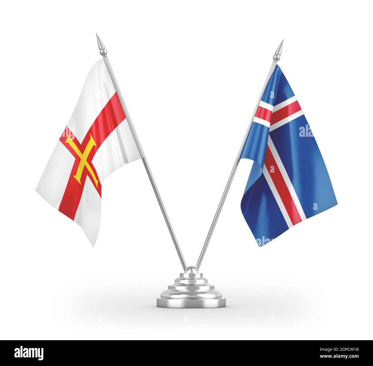 Island und Guernsey Tischflags isoliert auf weißem 3D-Rendering Stockfoto