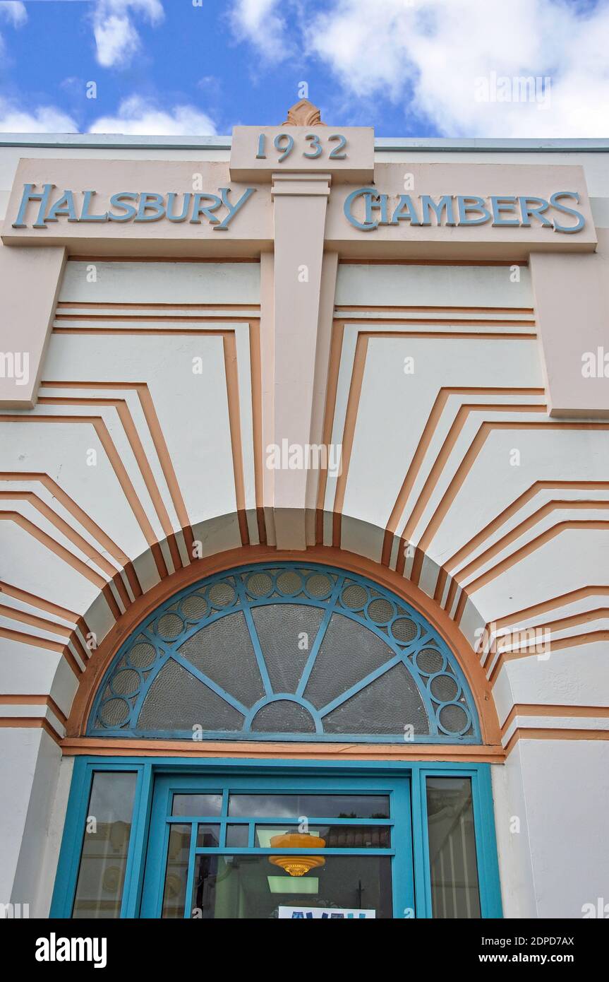 Art Deco Halsbury Chambers Aufbau, Tennyson Straße, Napier, Hawkes Bay, North Island, Neuseeland Stockfoto