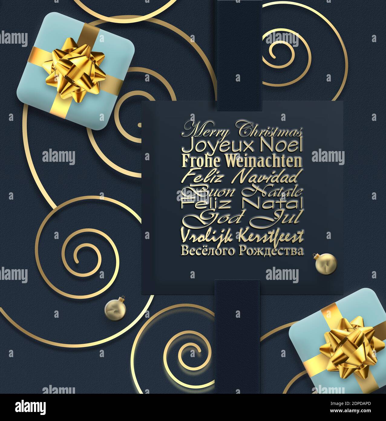 Weihnachtskarte in europäischen Sprachen Französisch, Deutsch, Portugiesisch, Italienisch, Spanisch, Schwedisch, Niederländisch, Englisch auf blauem Schwarz. Goldene Weihnachten Ornament Stockfoto
