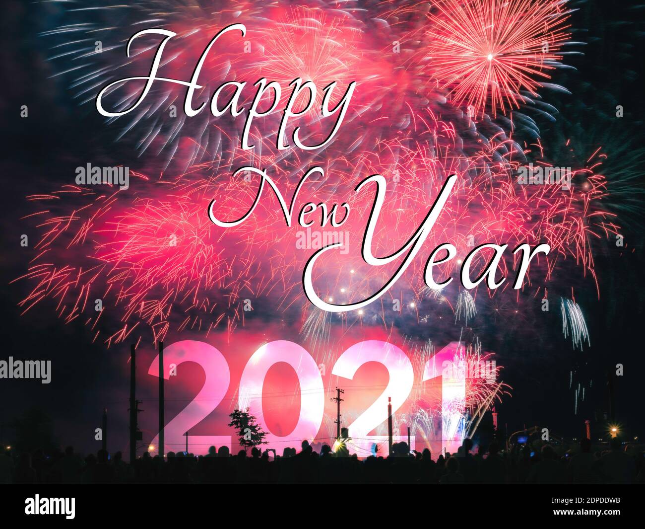 Frohes neues Jahr 2021 Karte auf einem roten Feuerwerk Hintergrund Stockfoto