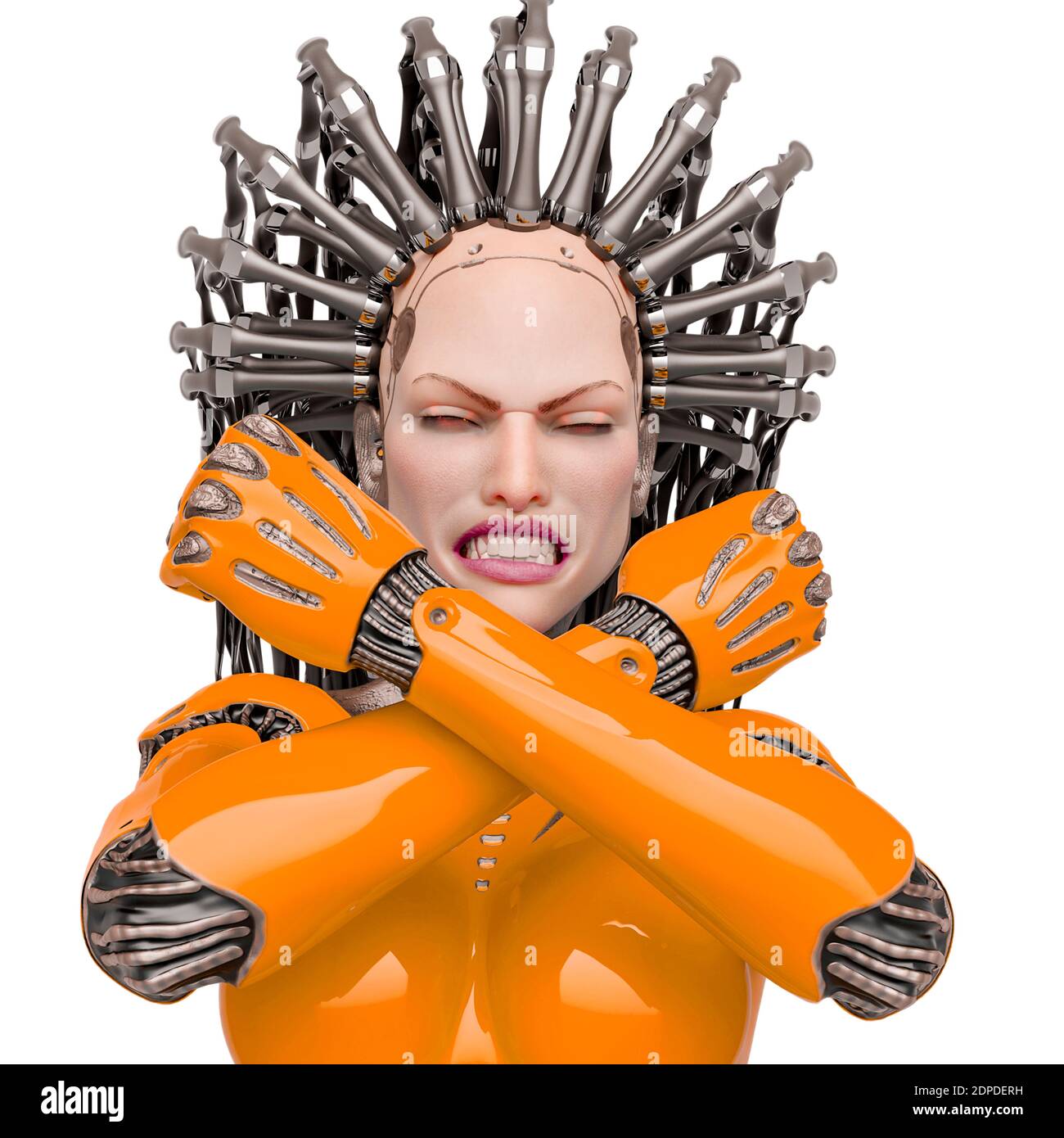 Super Cyborg ist wütend und das Gefühl bereit für Krieg Nahaufnahme, 3d-Illustration Stockfoto