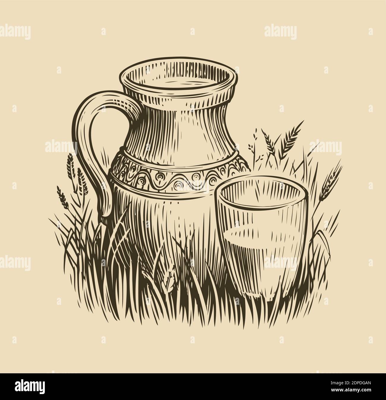 Skizze „Krug mit Milch“. Molkereiprodukte vintage Vektor Illustration Stock Vektor