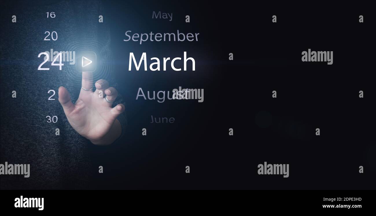 März. Tag 24 des Monats, Kalenderdatum. Hand klicken leuchtende Symbol SPIEL und DATUM auf dunkelblauem Hintergrund. Frühling Monat, Tag des Jahres Konzept Stockfoto