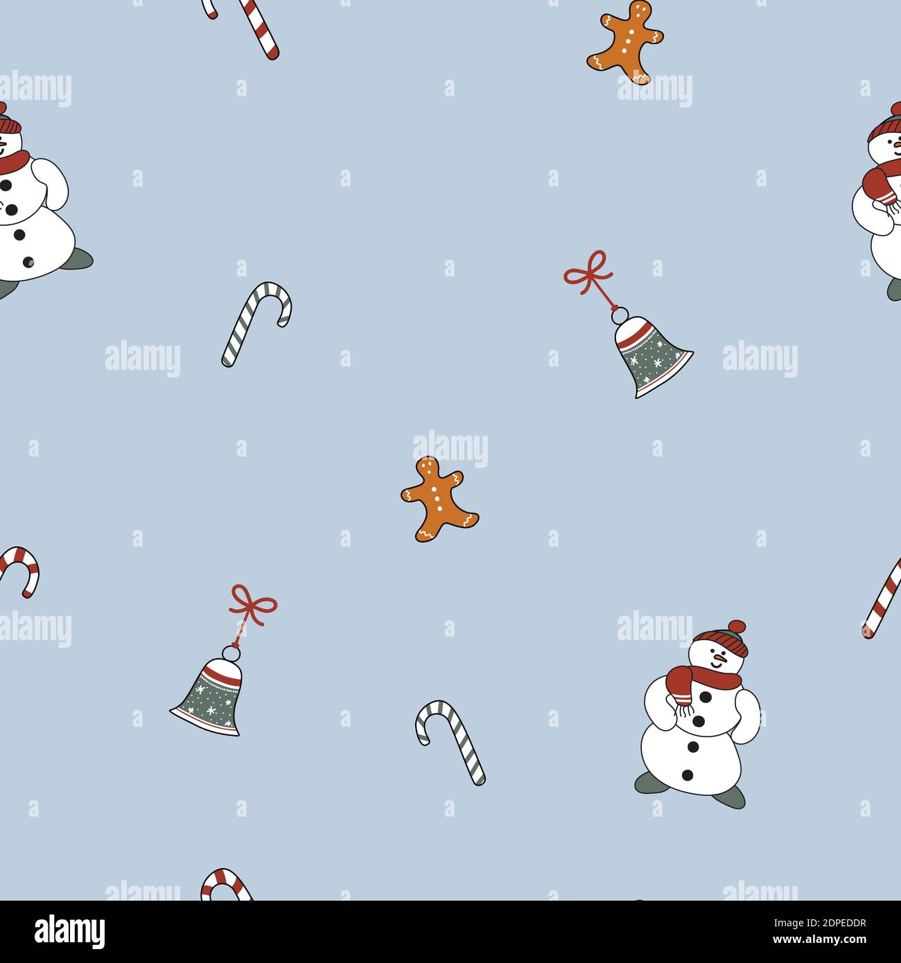 Weihnachten handgezeichnete nahtlose Muster mit Neujahr niedlichen festlichen Cartoon Objekte.Lustige Lebkuchen Mann, Zuckerrohr, Glocke und Schneemann auf blauem Hintergrund Stock Vektor