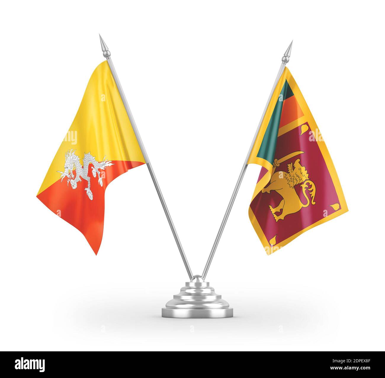 Sri Lanka und Bhutan Tischflaggen isoliert auf weißem 3D Rendering Stockfoto