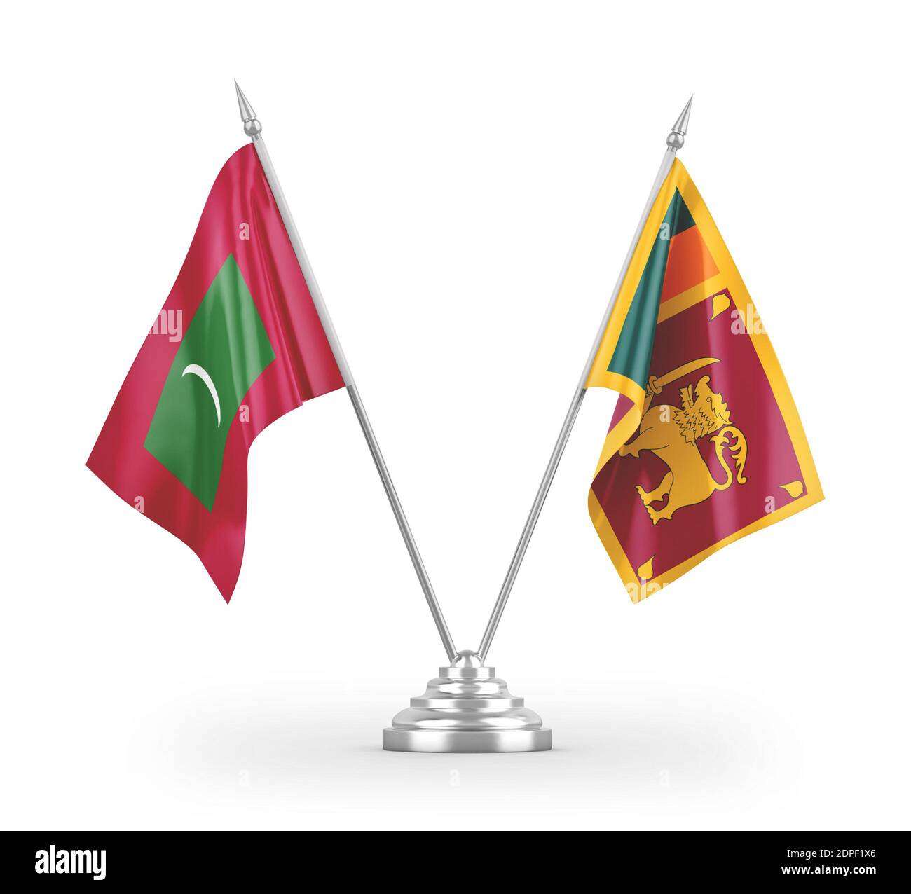 Sri Lanka und Malediven Tischflaggen isoliert auf weißem 3D Rendering Stockfoto