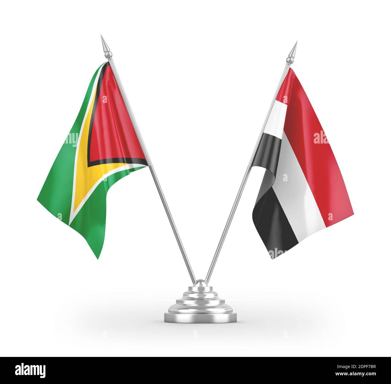Jemen und Guyana Tischflags isoliert auf weißem 3D-Rendering Stockfoto