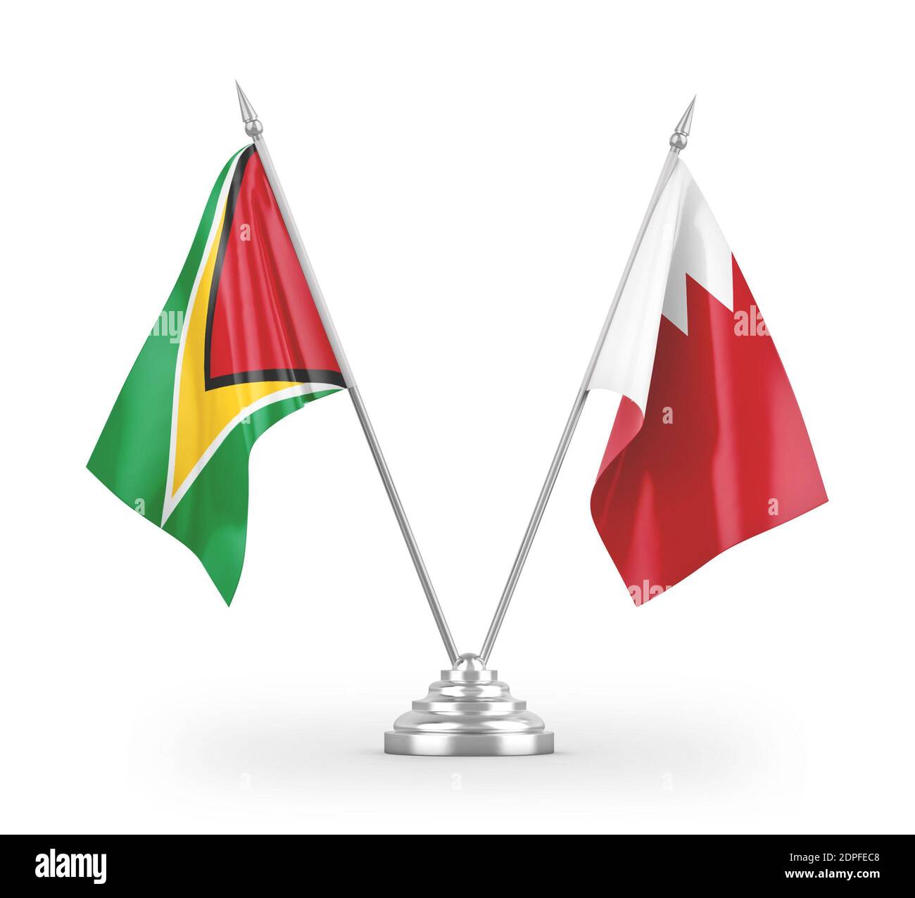 Bahrain und Guyana Tischflags isoliert auf weißem 3D-Rendering Stockfoto