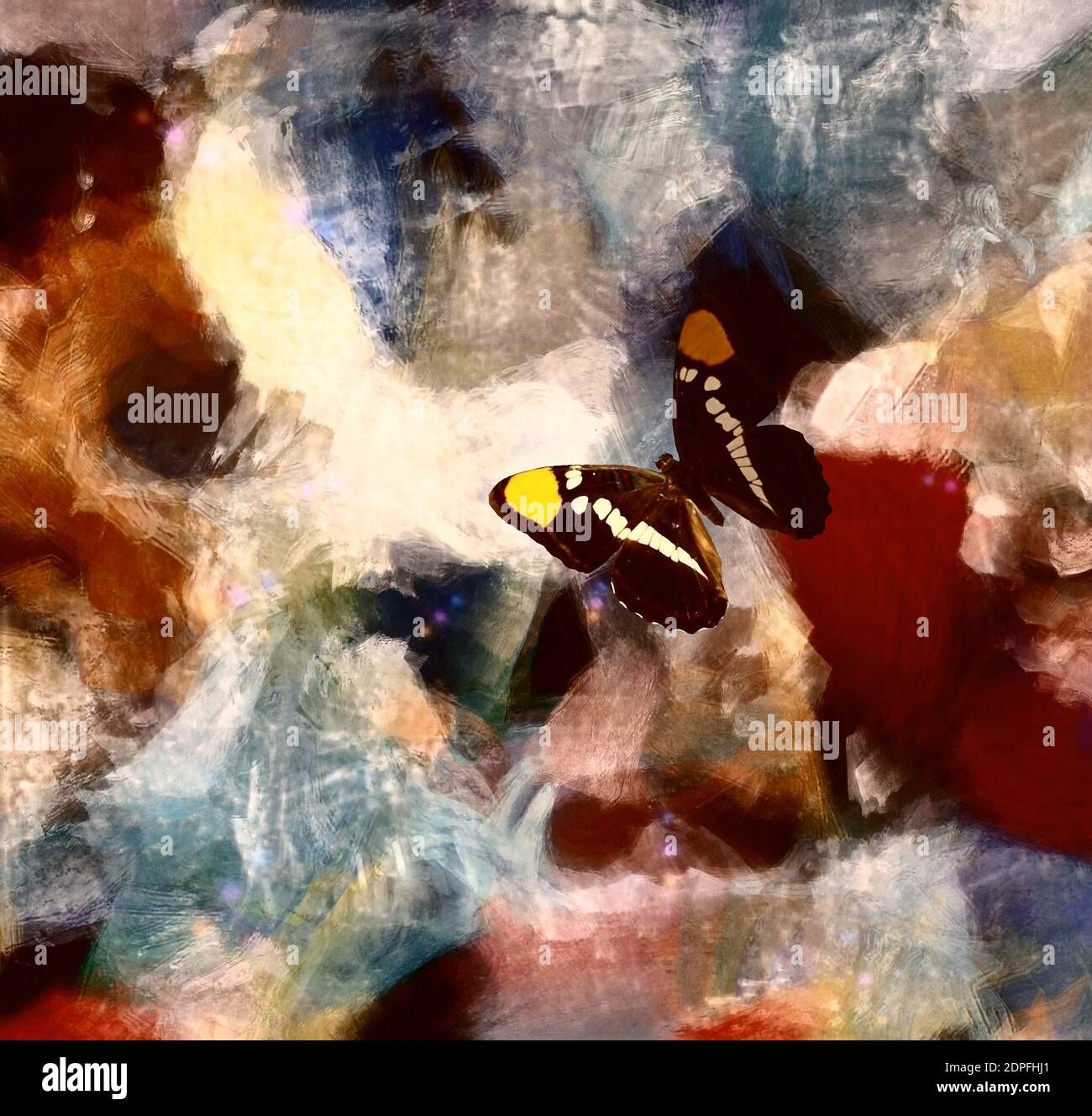 Abstrakte Malerei auf Leinwand und Schmetterling Stockfoto
