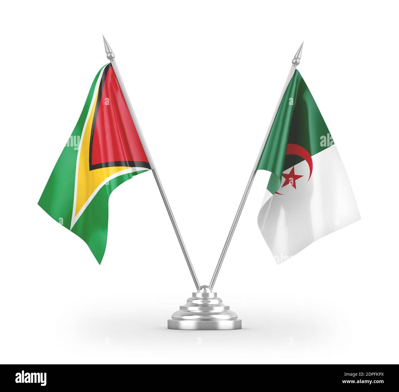 Algerien und Guyana Tischflags isoliert auf weißem 3D-Rendering Stockfoto