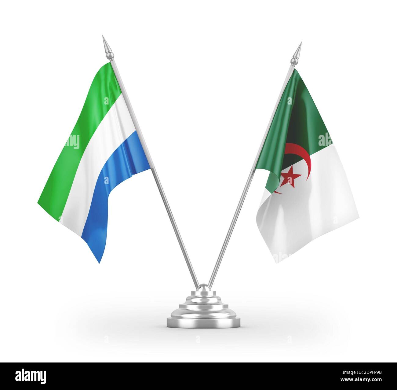 Algerien und Sierra Leone Tischflaggen isoliert auf weißem 3D Rendering Stockfoto