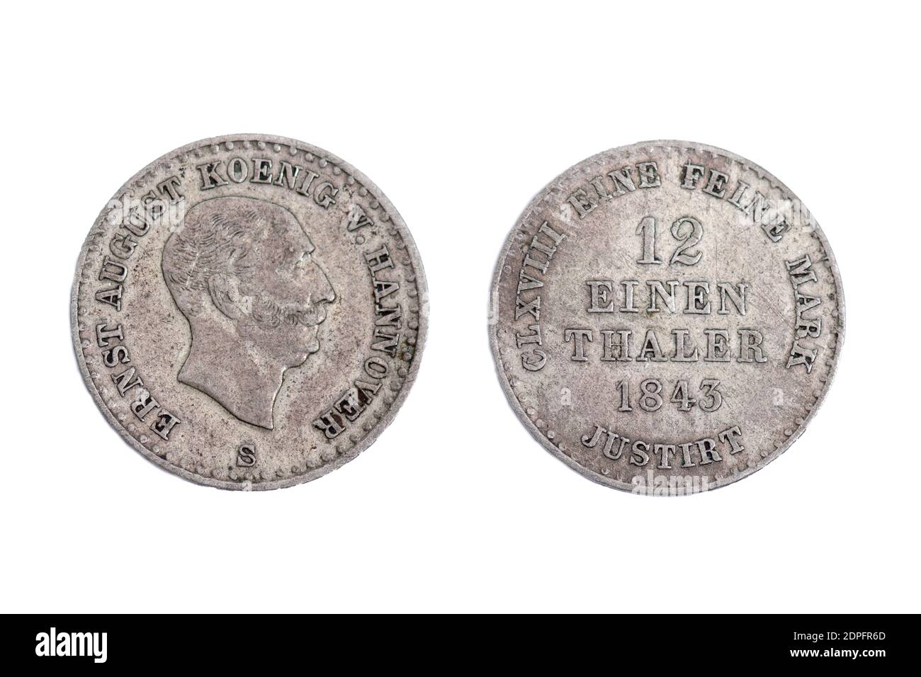 Alte alte alte Jahrgangsmünzmünzen Geld Ernst Augustus König von Hannover Hannover Deutschland Deutsch 1843 Kupfer Silber gemischt 12 einen Thaler Mark Stockfoto