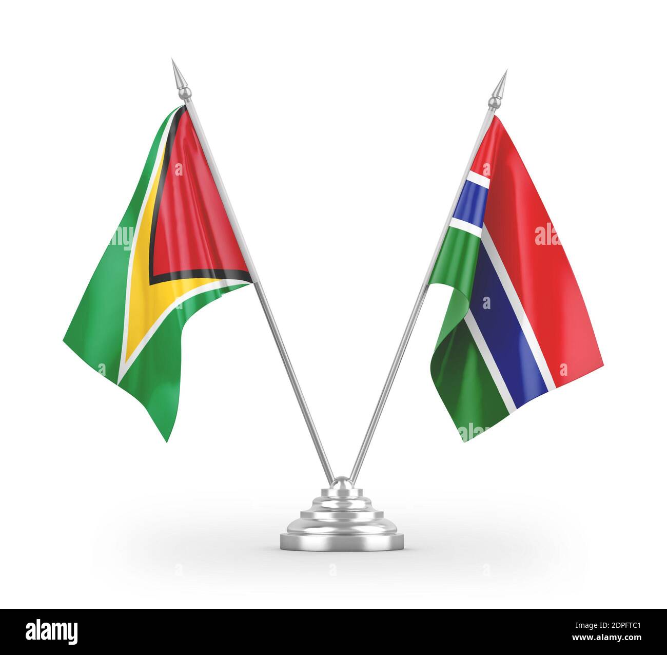 Gambia und Guyana Tischflags isoliert auf weißem 3D-Rendering Stockfoto