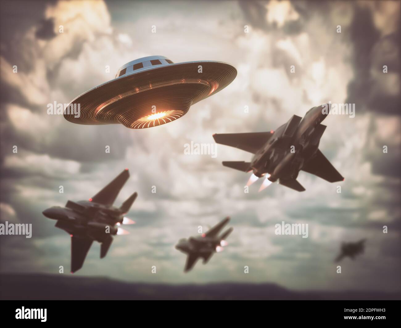 Überschall-Kämpfer jagen UFO. Nicht identifiziertes fliegendes Objekt, das über den Himmel fliegt. 3D-Illustration. Stockfoto