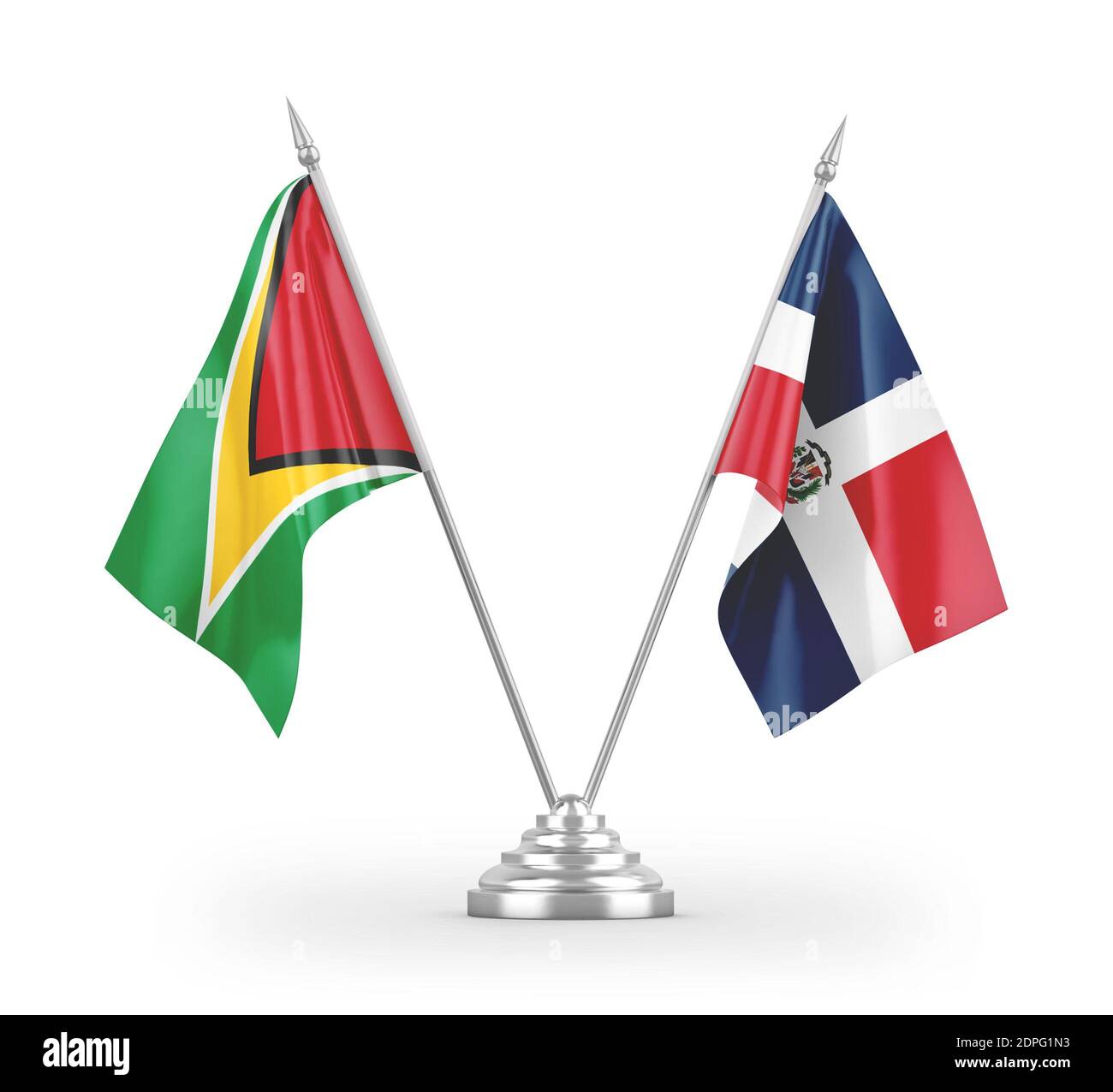 Dominikanische Republik und Guyana Tischflaggen isoliert auf weißem 3D Rendering Stockfoto