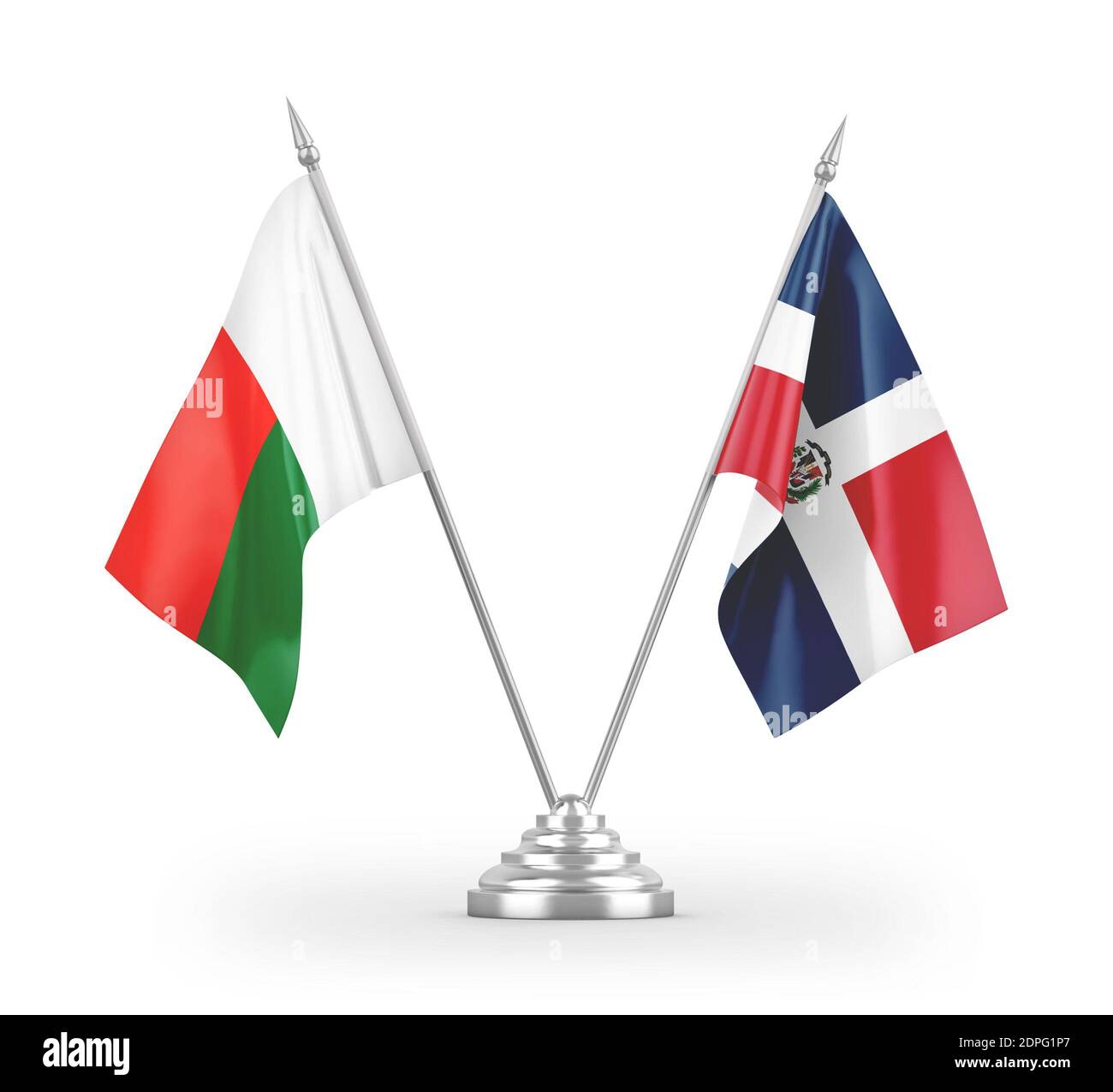 Dominikanische Republik und Madagaskar Tischflaggen isoliert auf weißem 3D Rendering Stockfoto