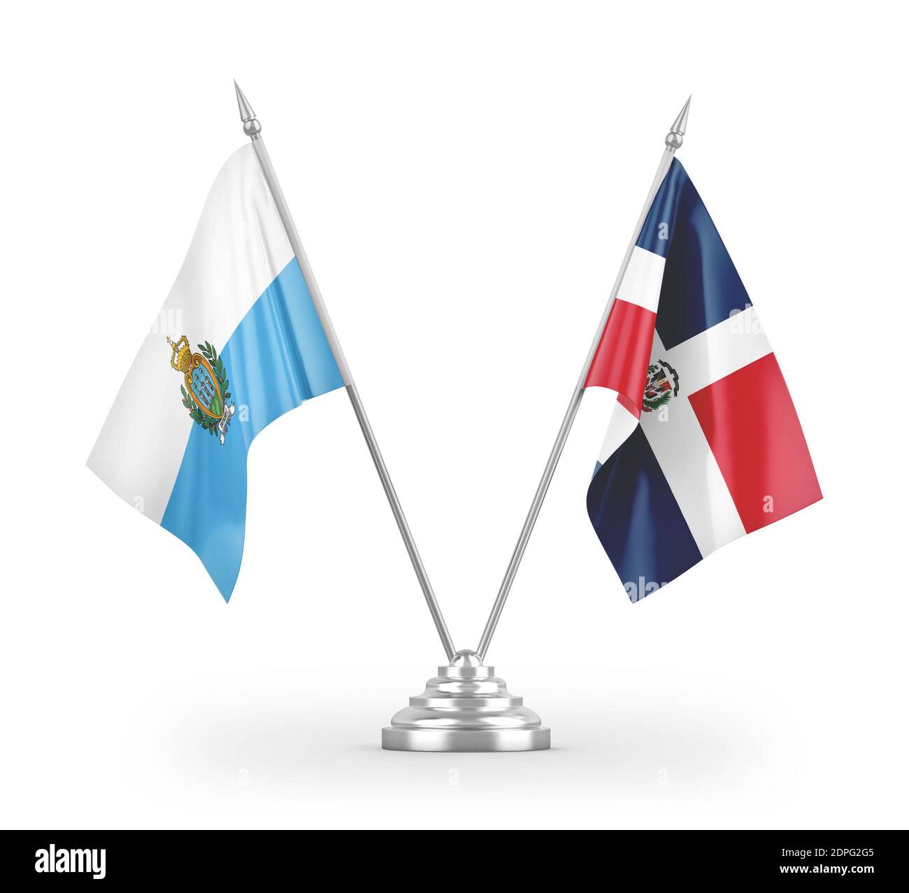 Dominikanische Republik und San Marino Tischflaggen isoliert auf weiß 3D-Rendering Stockfoto Dominikanische Republik und San Marino Tischflaggen isoliert auf weiß 3D-Rendering Stockfoto