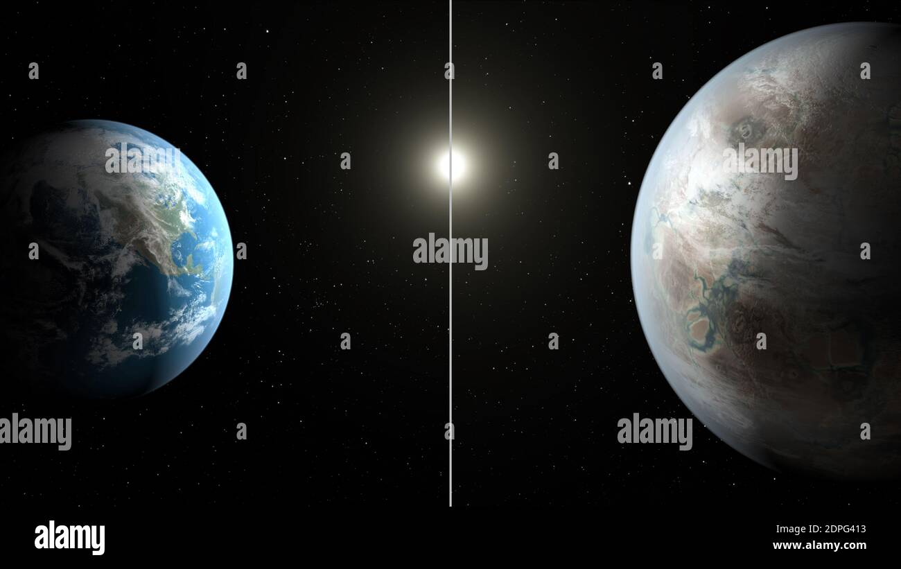 WELTRAUM Kepler-452b – 23. Juli 2015 -- Wissenschaftler haben mit Daten der NASA-Mission Kepler den ersten erdnahen Planeten bestätigt, der in der bewohnbaren Zone eines sonnenähnlichen Sterns umkreist. Die bewohnbare Zone ist die Region um einen Stern, wo die Temperaturen genau richtig sind, damit Wasser in seiner flüssigen Form existiert. Das künstlerische Konzept vergleicht die Erde (links) mit dem neuen Planeten Kepler-452b, der etwa 60 Prozent größer ist. Die Abbildung stellt eine mögliche Erscheinung für Kepler-452b dar -- Wissenschaftler wissen nicht, ob der Planet Ozeane und Kontinente wie die Erde hat. Beide Planeten umkreisen ein G Stockfoto