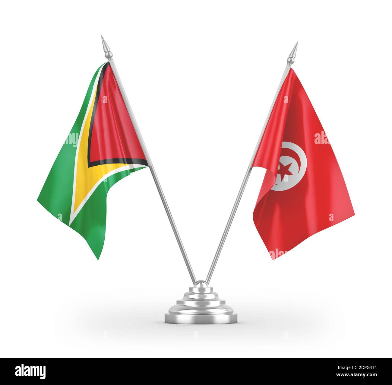 Tunesien und Guyana Tischflags isoliert auf weißem 3D-Rendering Stockfoto