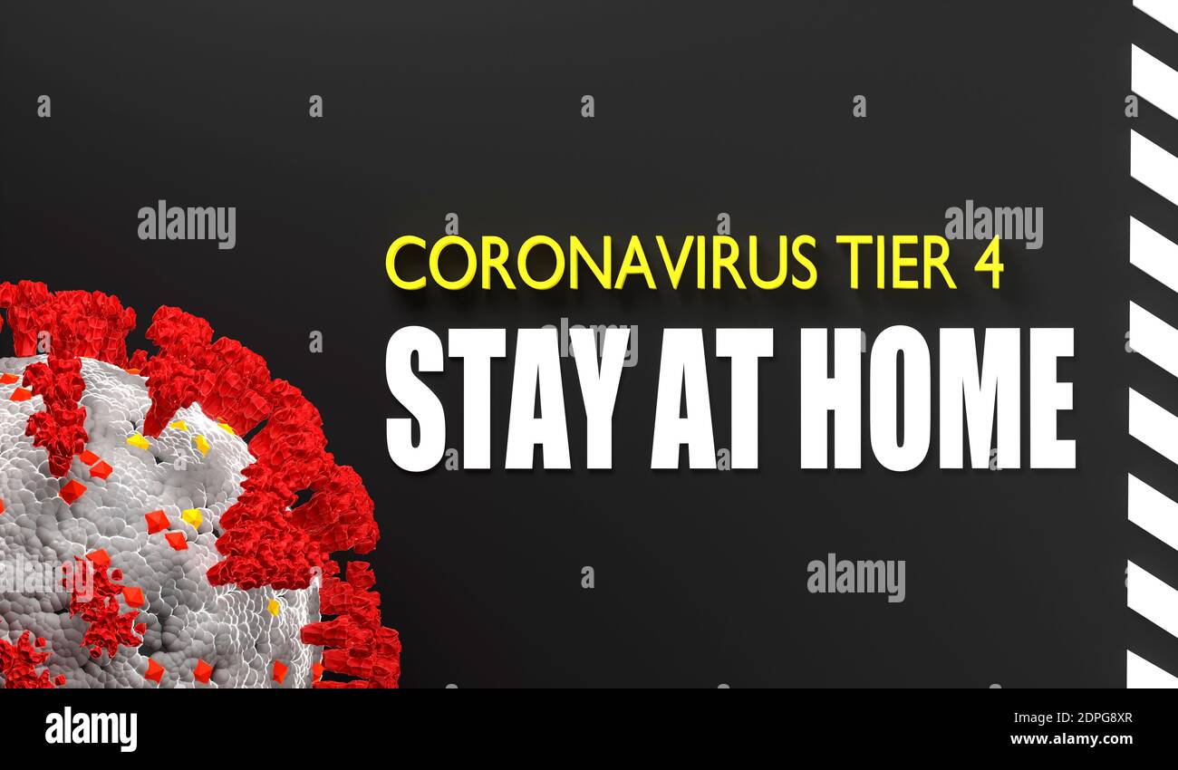 CORONAVIRUS TIER 4 ZU HAUSE BLEIBEN. Plakat auf schwarzem Hintergrund mit dem Viruskörper. 3d-Rendering. Hochwertige, hochauflösende Rasterdarstellung. Stockfoto