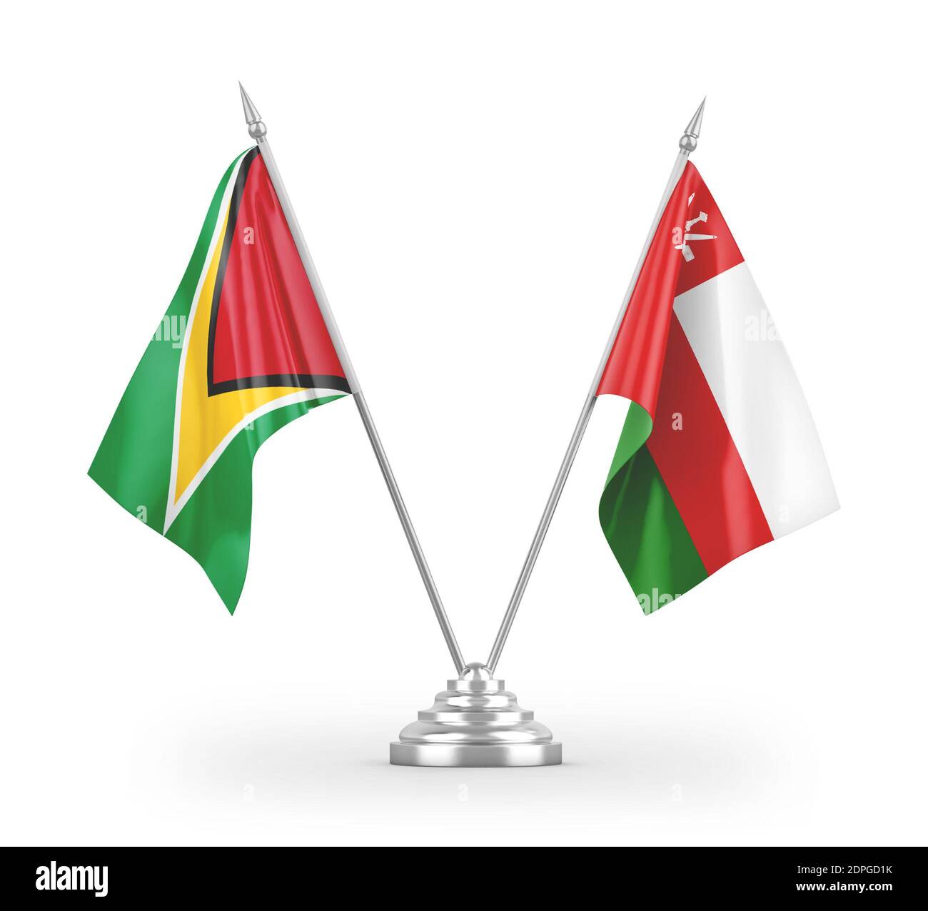 Oman und Guyana Tischflags isoliert auf weißem 3D-Rendering Stockfoto