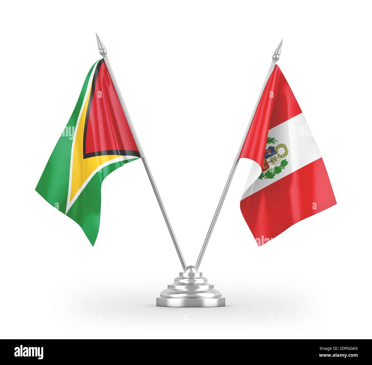 Peru und Guyana Tischflags isoliert auf weißem 3D-Rendering Stockfoto