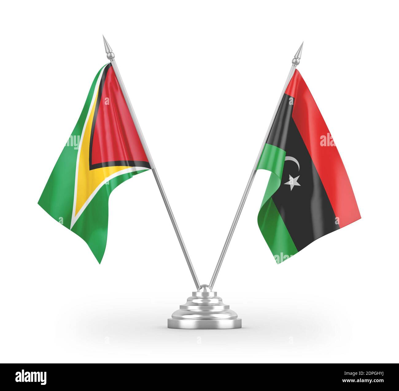 Libyen und Guyana Tischflags isoliert auf weißem 3D-Rendering Stockfoto