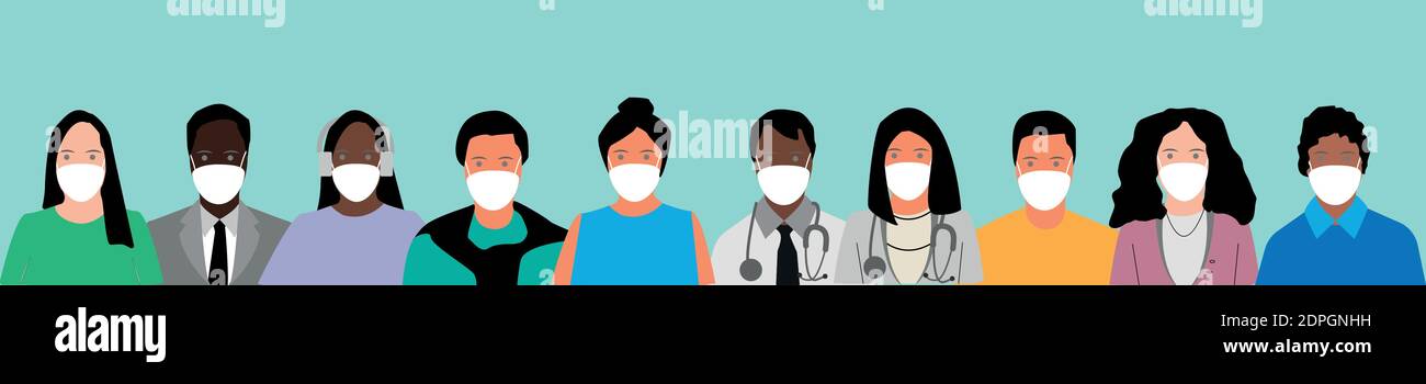 Die Gruppe von Menschen, die medizinische Masken tragen, um Krankheiten zu verhindern. Editierbare Vektordarstellung. Stock Vektor