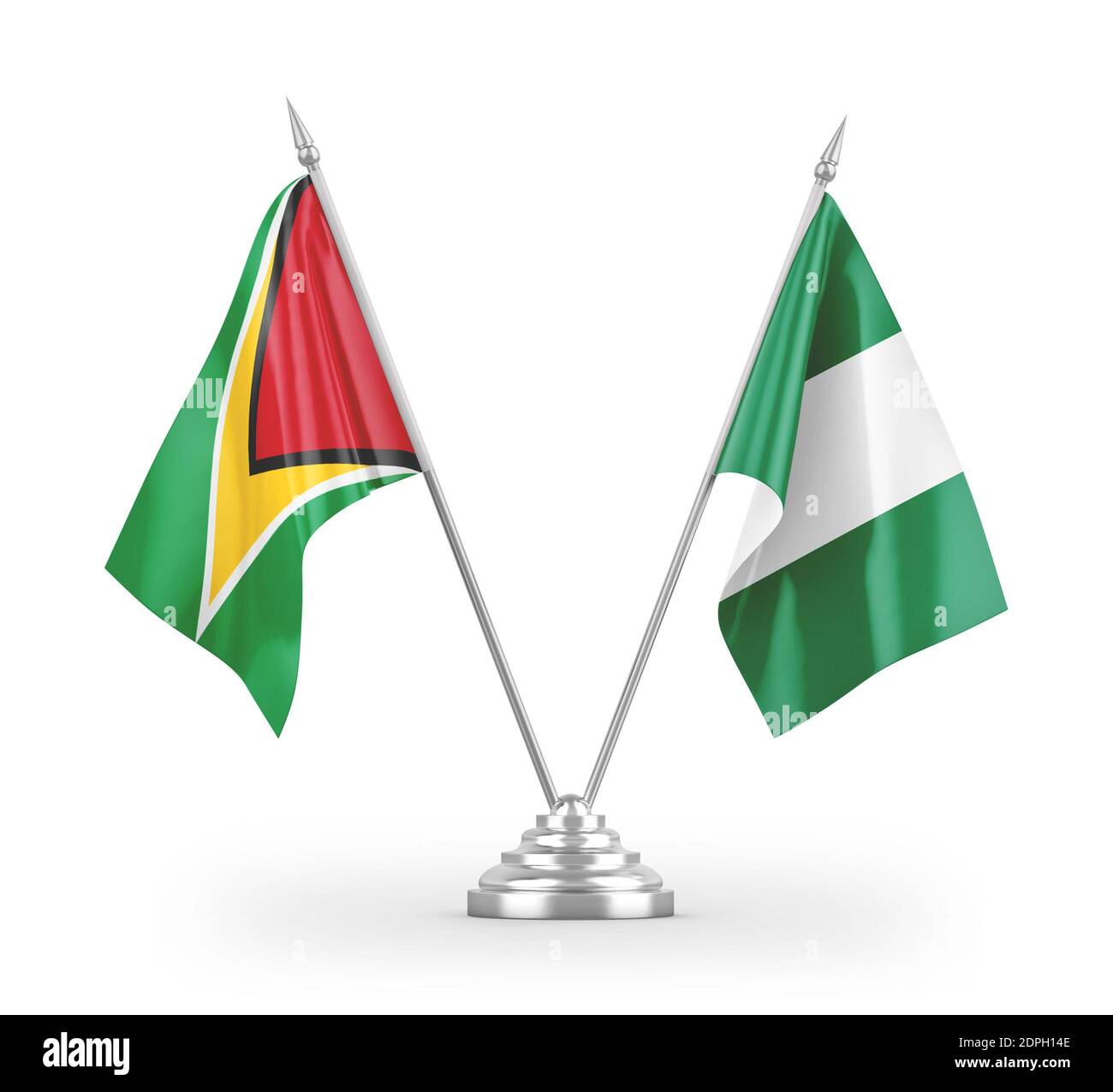 Nigeria und Guyana Tischflags isoliert auf weißem 3D-Rendering Stockfoto