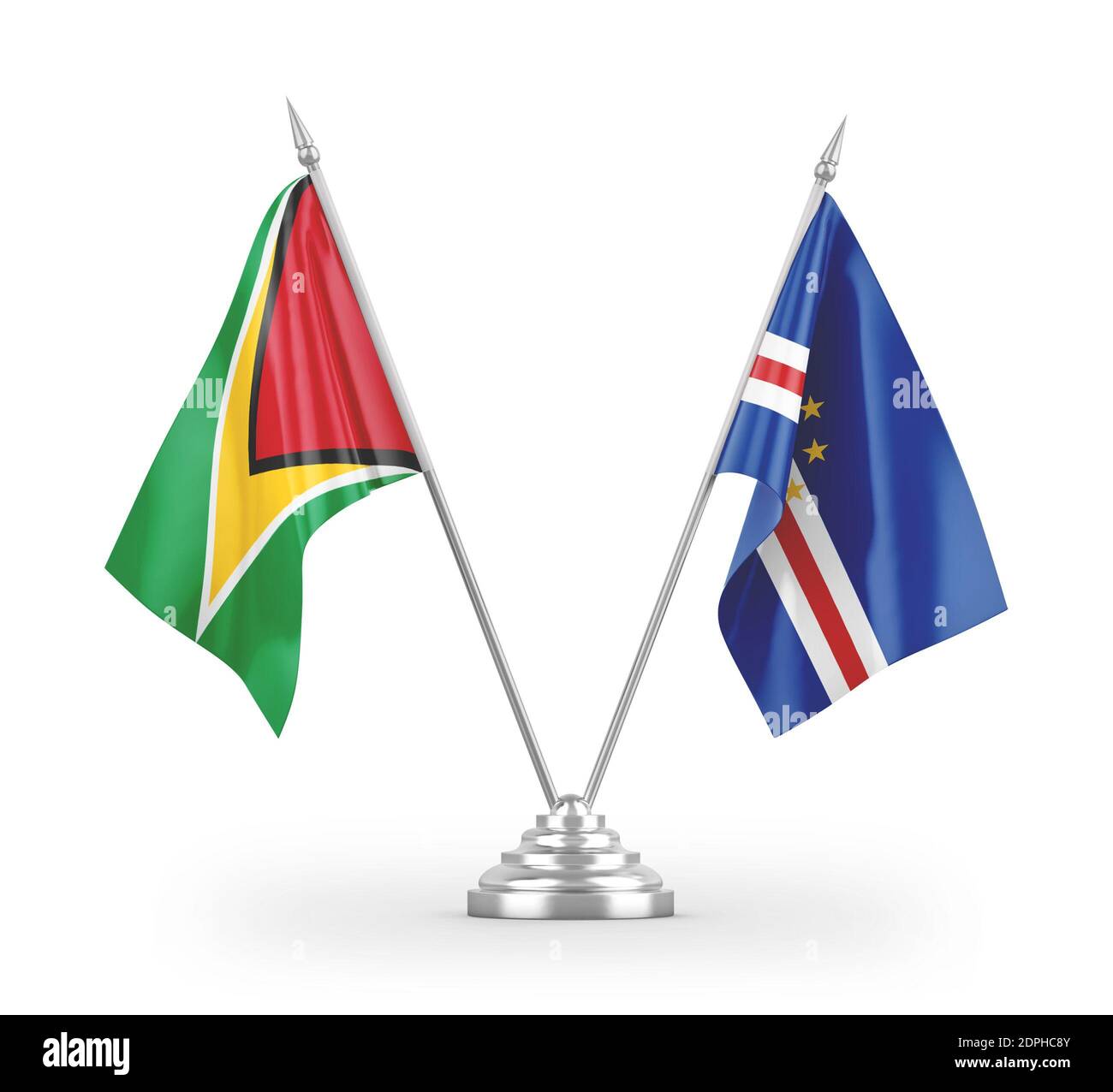 Cabo Verde und Guyana Tischflaggen isoliert auf weißem 3D Rendering Stockfoto