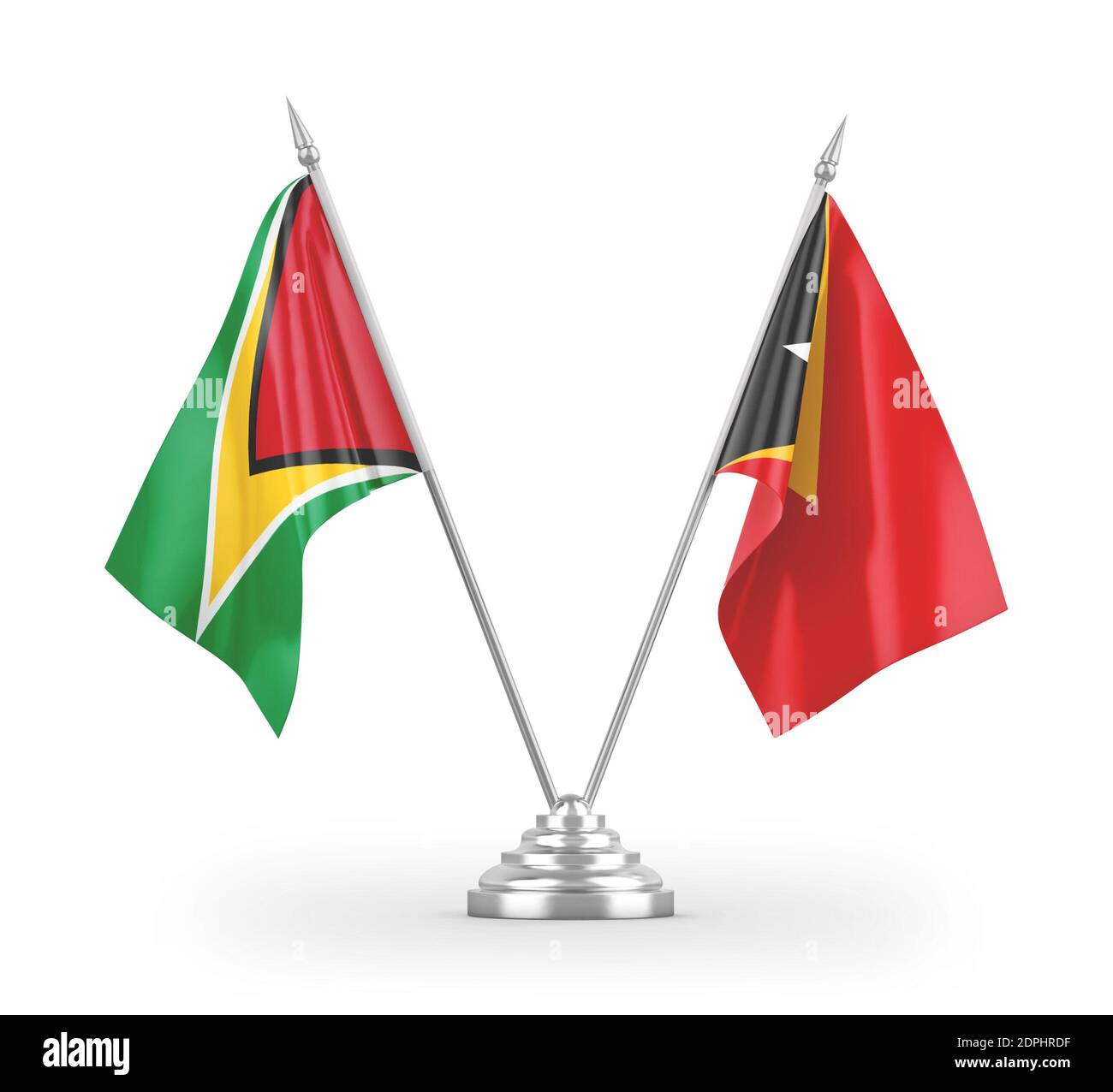 Osttimor und Guyana Tischflaggen isoliert auf weißem 3D Rendering Stockfoto