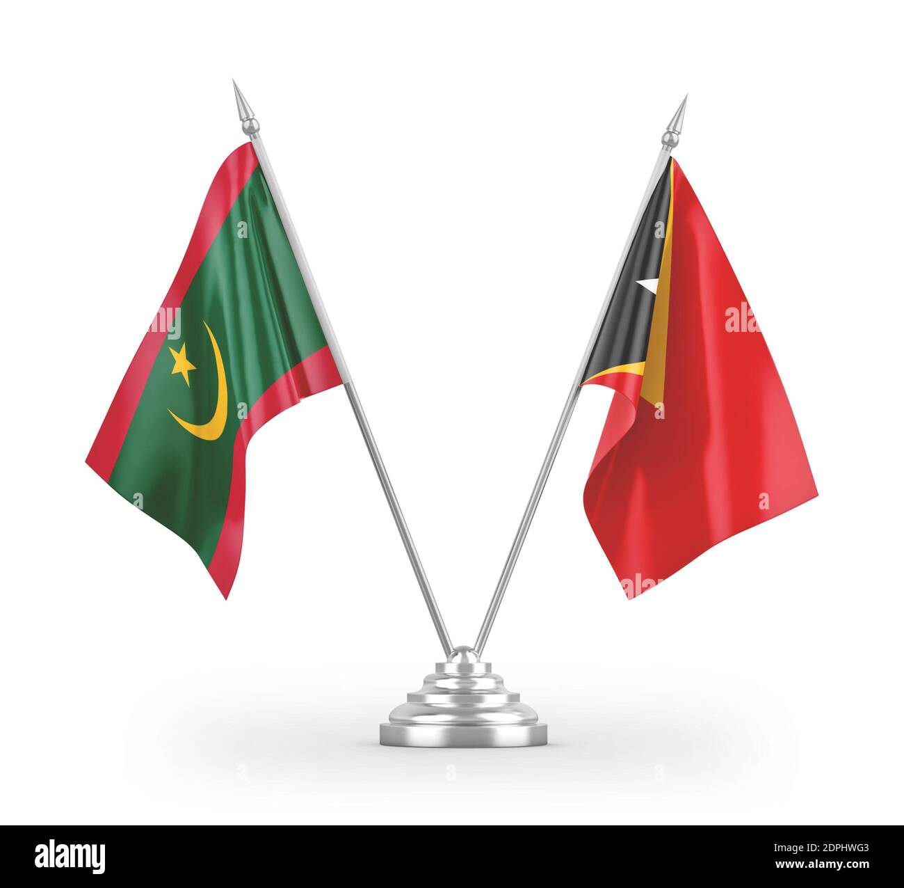 Osttimor und Mauretanien Tischflaggen isoliert auf weißem 3D Rendering Stockfoto