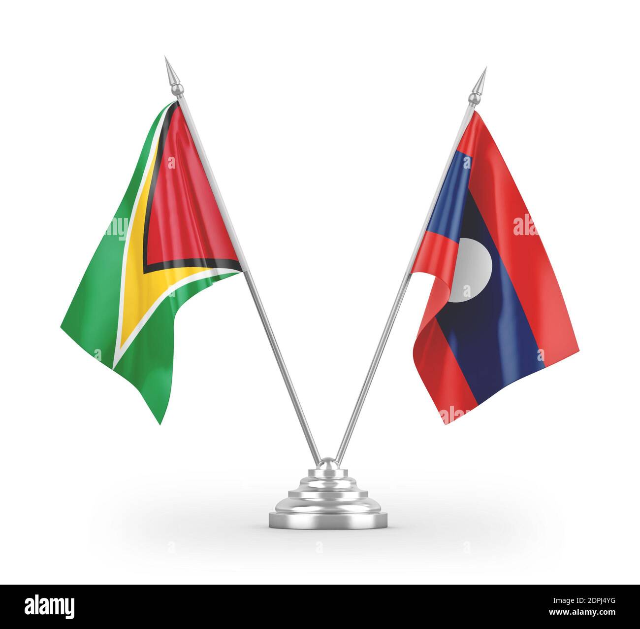 Laos und Guyana Tischflags isoliert auf weißem 3D-Rendering Stockfoto