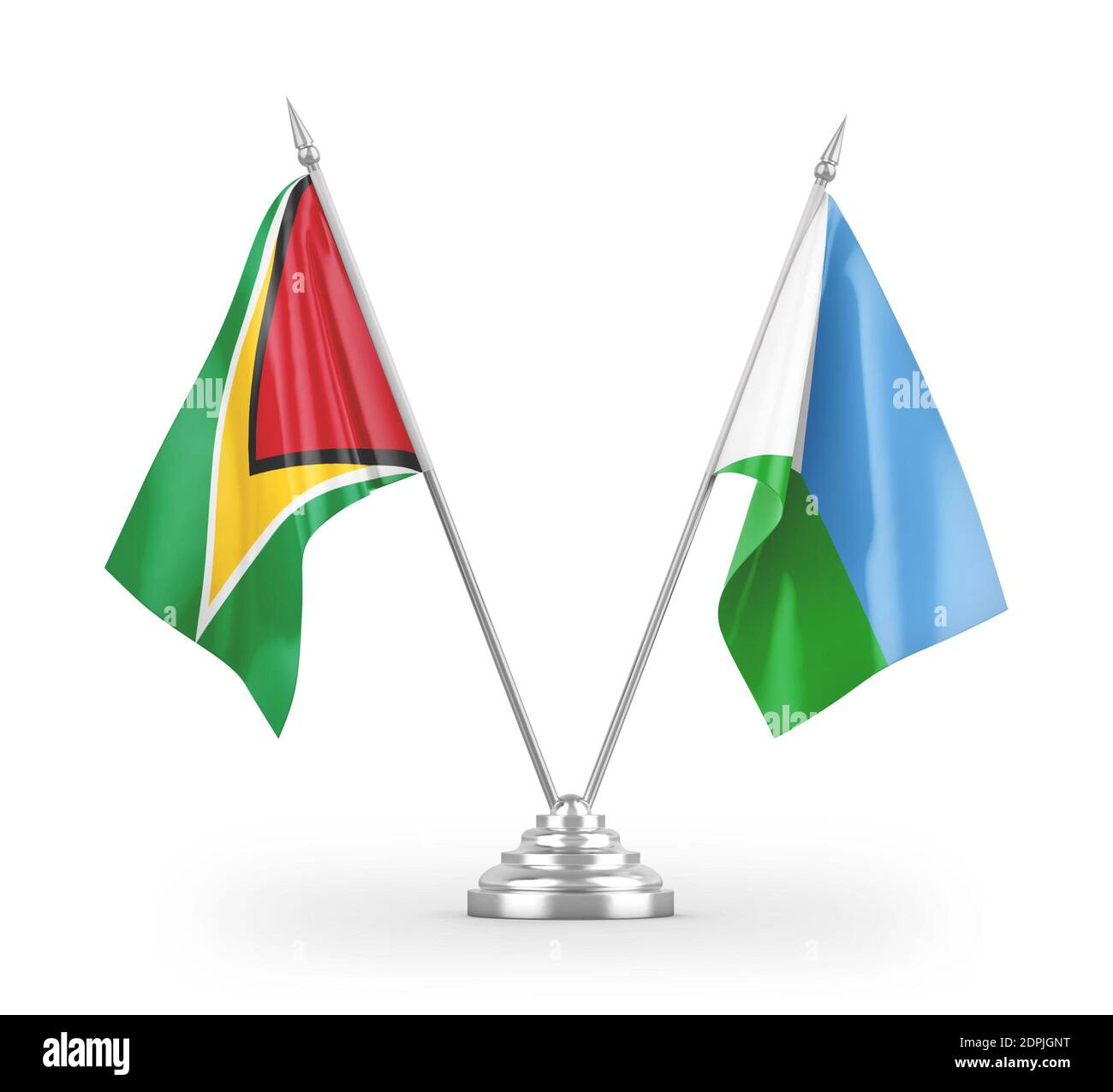 Djibouti und Guyana Tischflags isoliert auf weißem 3D-Rendering Stockfoto