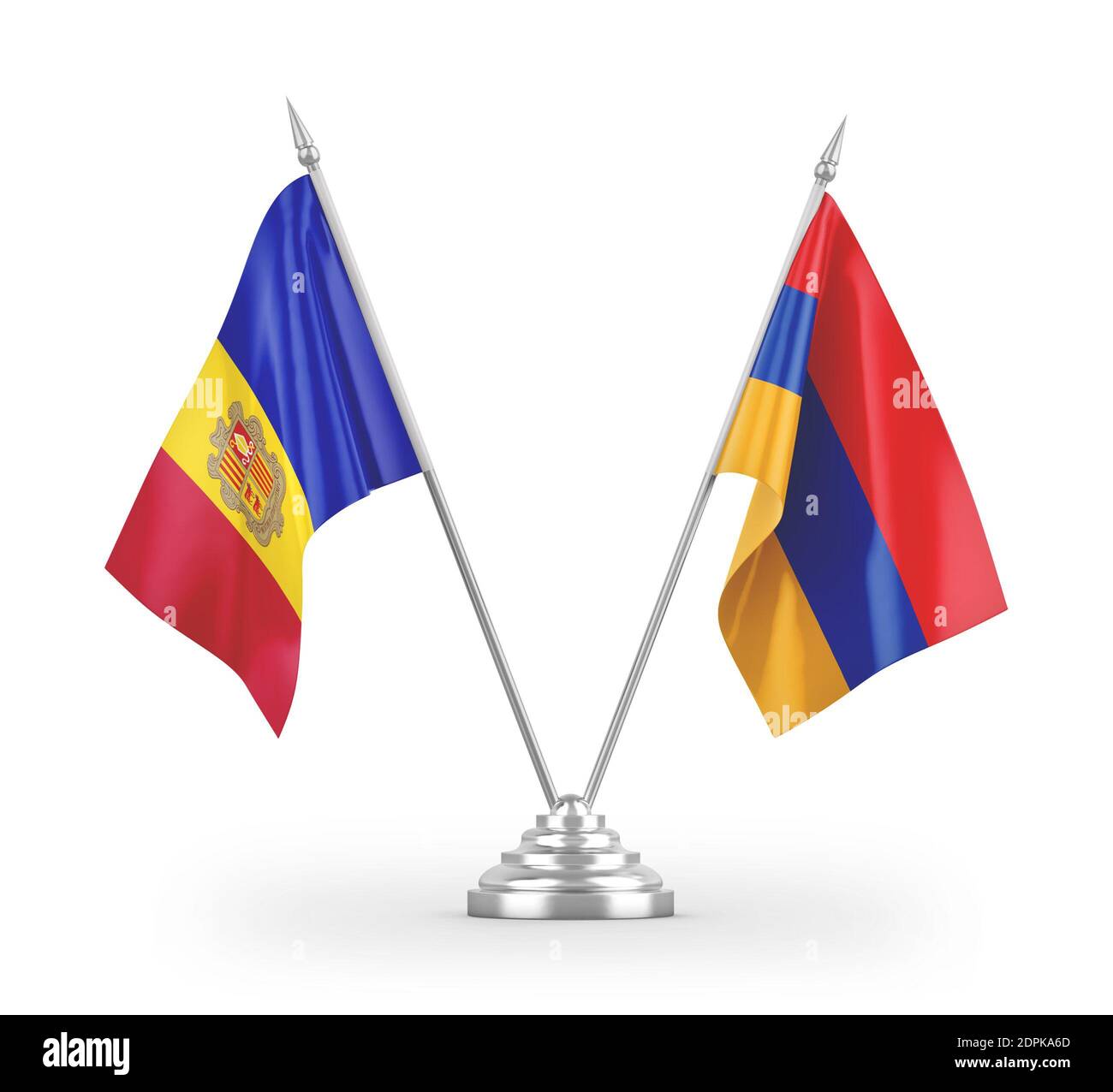 Armenien und Andorra Tischflags isoliert auf weißem 3D-Rendering Stockfoto