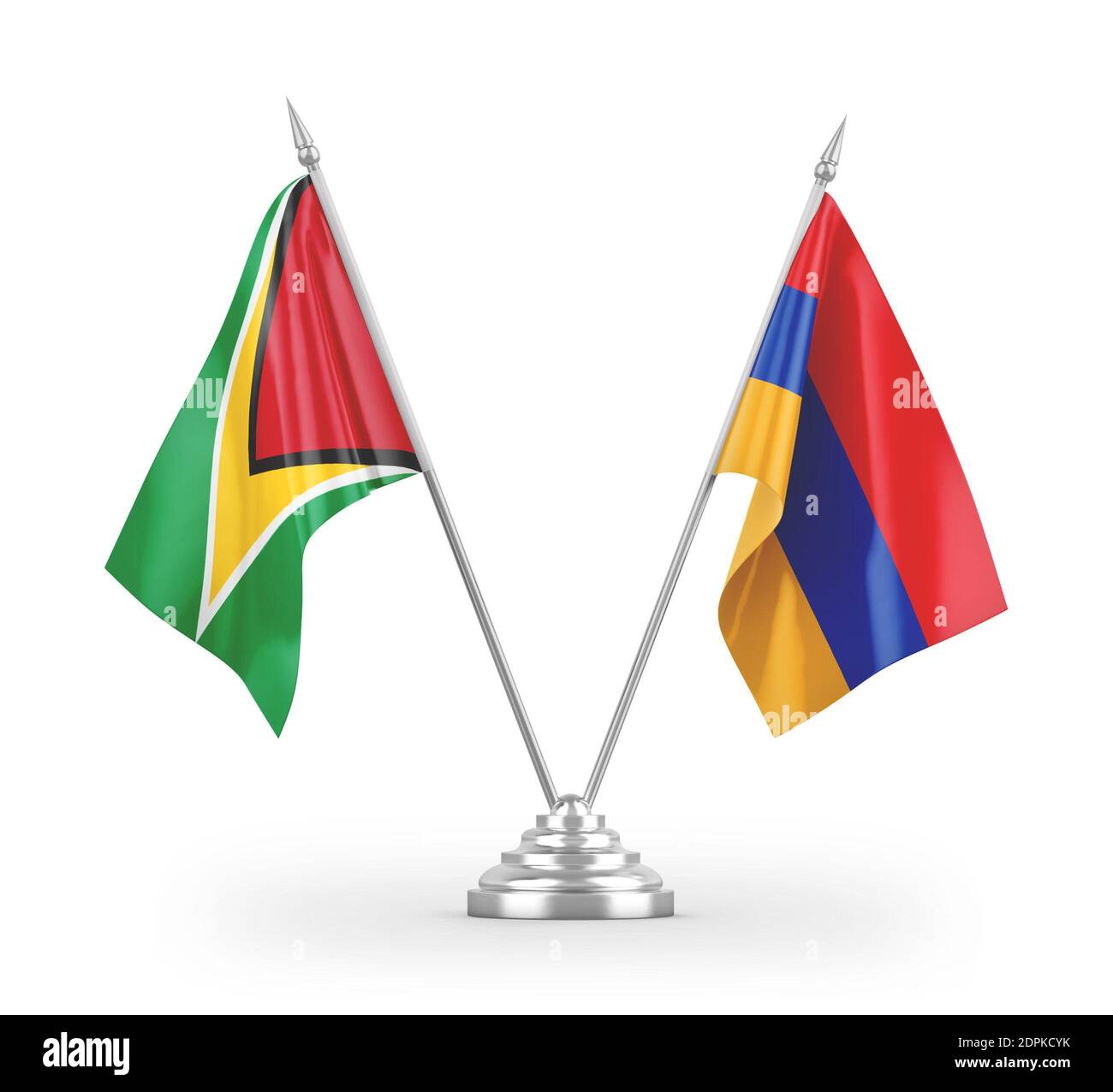Armenische und Guyana-Tischflags isoliert auf weißem 3D-Rendering Stockfoto