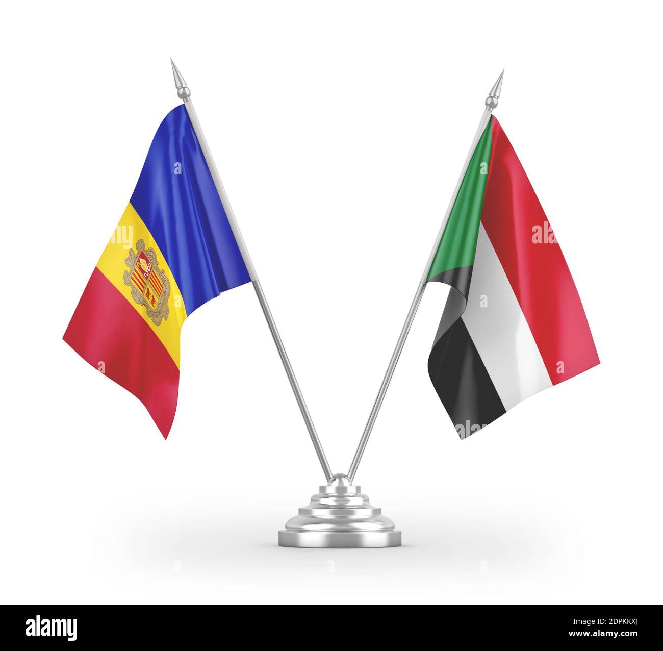 Sudan und Andorra Tischflaggen isoliert auf weißem 3D-Rendering Stockfoto