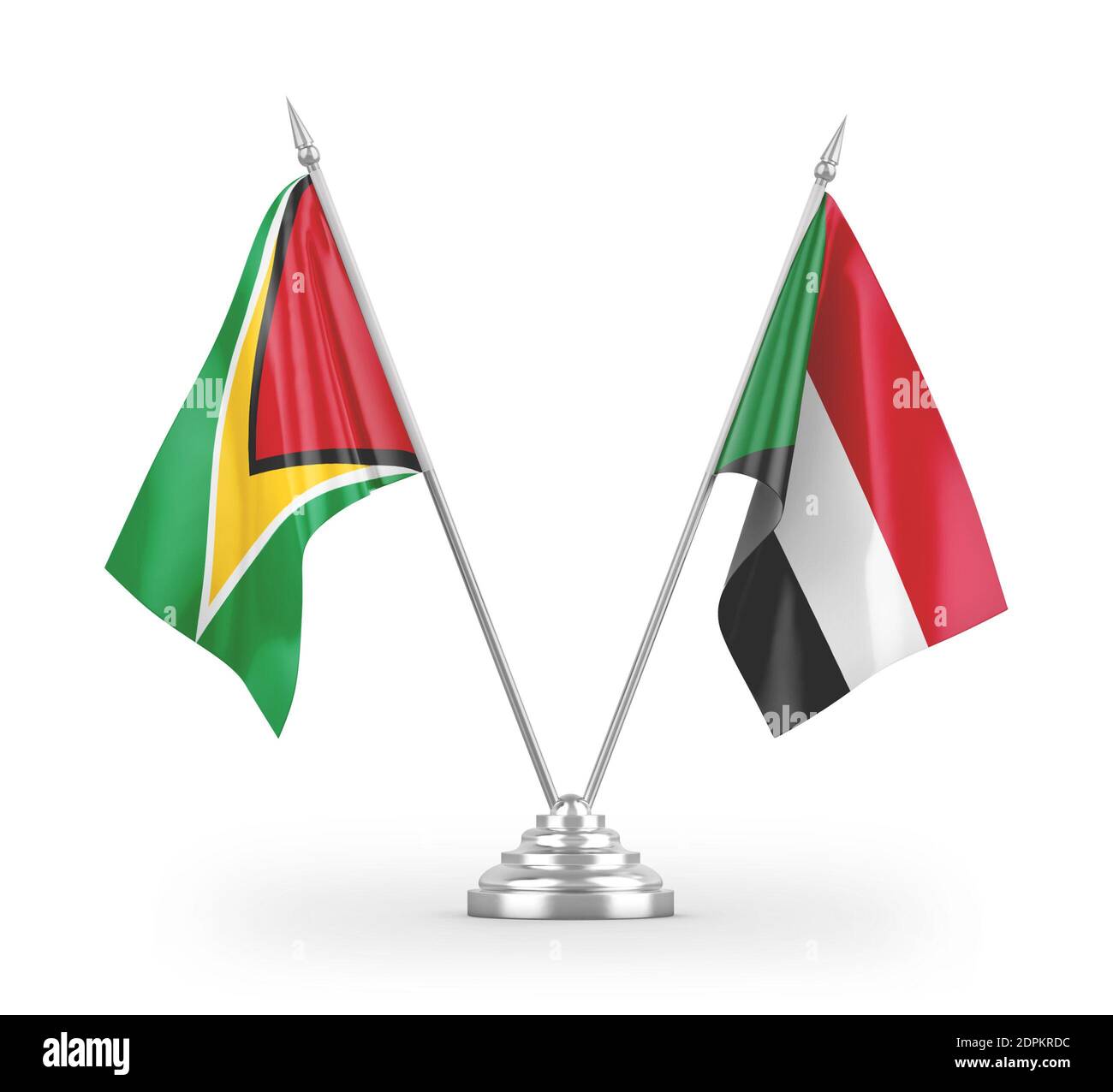 Sudan und Guyana Tischflags isoliert auf weißem 3D-Rendering Stockfoto