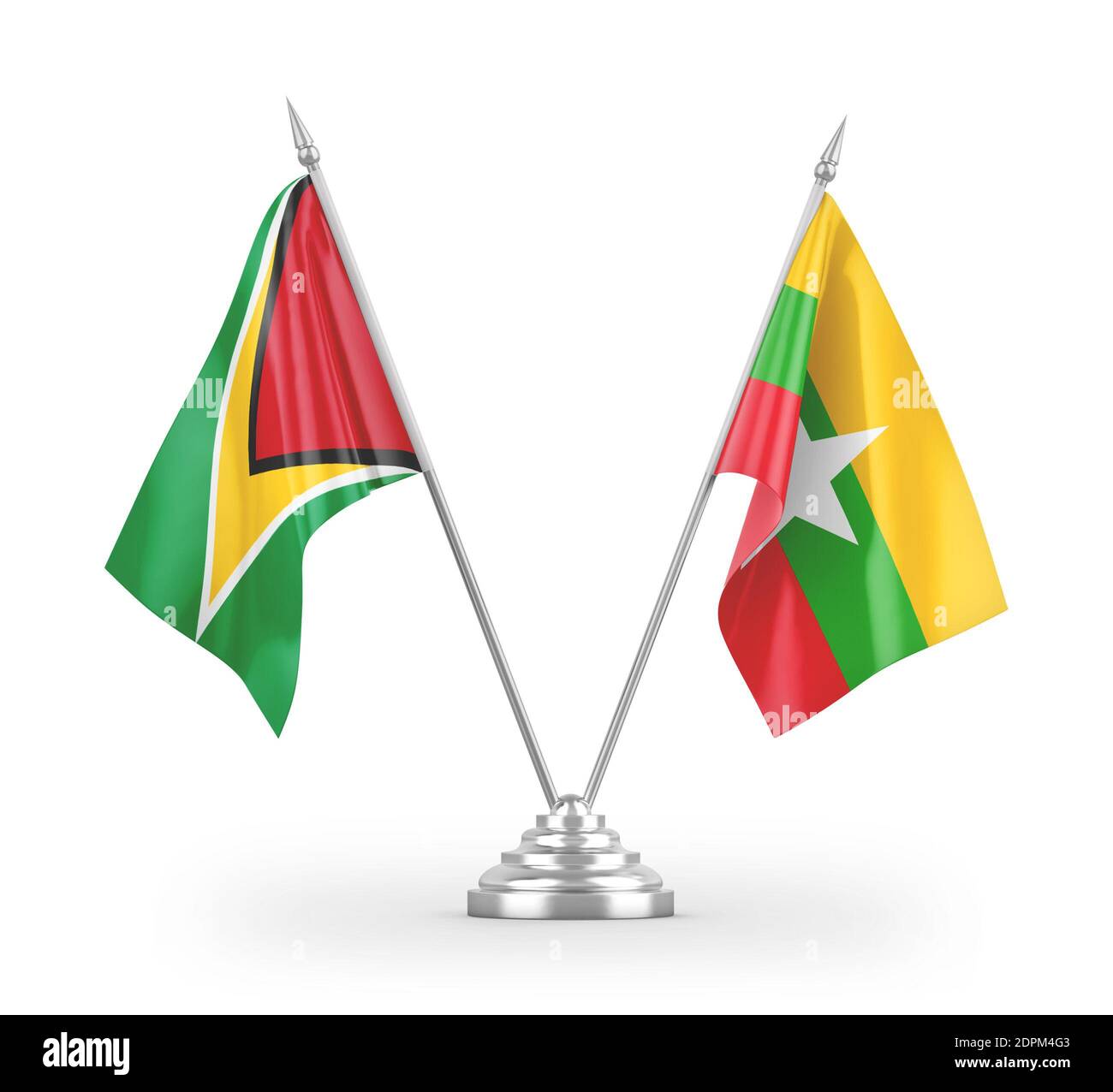Myanmar und Guyana Tischflags isoliert auf weißem 3D-Rendering Stockfoto