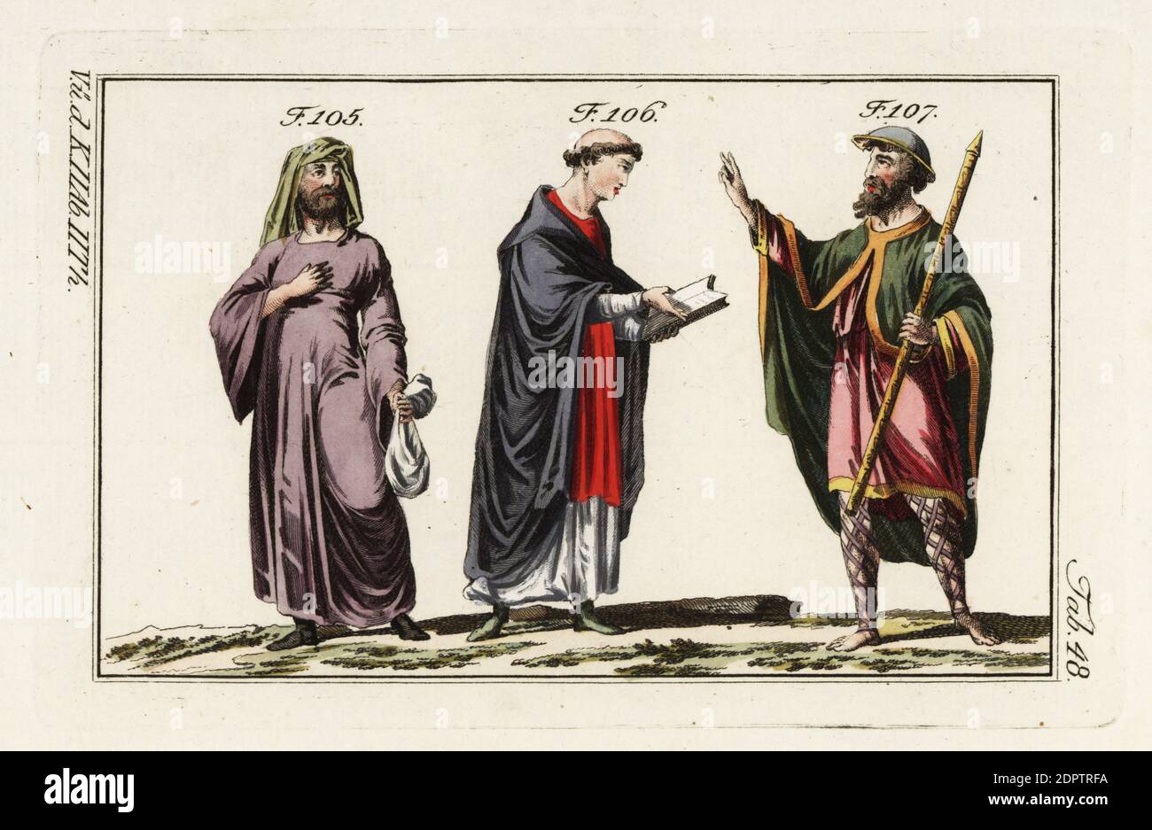 Normannischer Prediger, Mönch und Pilger, 11. Jahrhundert. Prediger aus einem Original-Manuskript in Kleidung, die nur leicht denen des Klerus ähneln, mit einem vollen Geldbeutel 105. Mönch in Soutane mit Tonsur Lesen einer Bibel 106. Pilger in Mantel und Tunika, mit Helm und Stab 107. Handkolorierter Kupferstich aus Robert von Spalarts historischem Bild der Kostüme der Hauptleute der Antike und des Mittelalters, Wien, 1802. Stockfoto