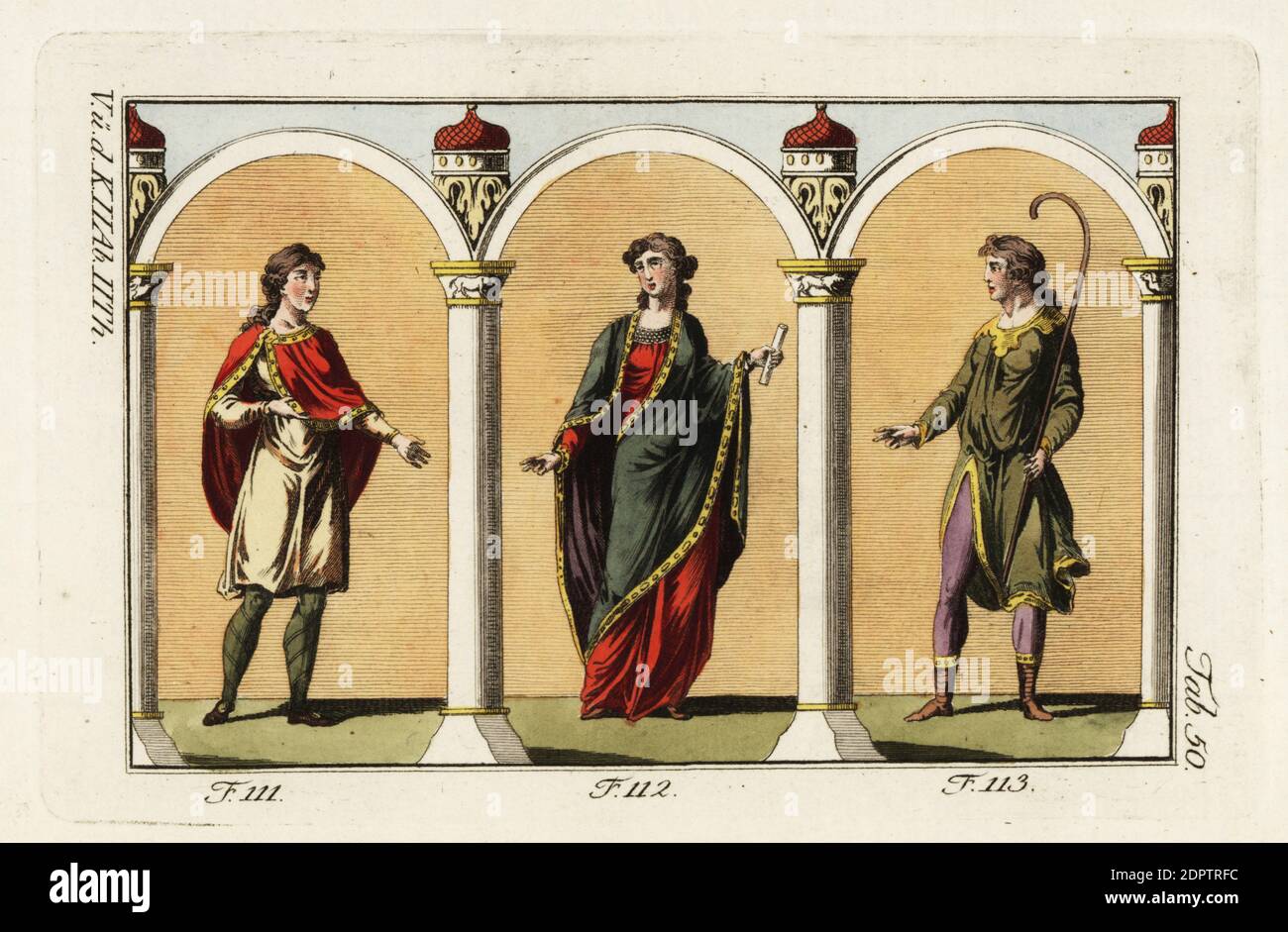 Normannische Adlige des 12. Jahrhunderts. Die Kegeln der Könige und des Adels waren sehr lang, manchmal so lang, um auf dem Boden zu trainieren. Bei anderen Gelegenheiten fielen sie bis zur Mittelschenkel 111, 112. Menschen aller Ränge und Status in der Gesellschaft, der Klerus und die Laien, in der Regel trug Stiefel, vor allem zum Reiten Pferde. Sie waren gewöhnlich sehr kurz und stiegen nur bis zur Mitte des Kalbes. Manchmal wurden sie 113 gestickt. Handkolorierter Kupferstich aus Robert von Spalarts historischem Bild der Kostüme der Hauptleute der Antike und des Mittelalters, Wien, 1802. Stockfoto