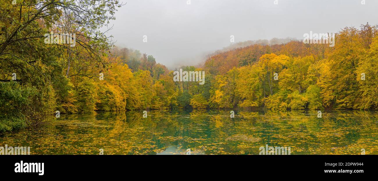 Schöner, bunter Herbstsee. Erstaunliche Wasserspiegelung, friedliche Naturlandschaft. Gelb-orange Blätter, nebeliges Morgenlicht. Entspannen Sie sich im Herbst Stockfoto