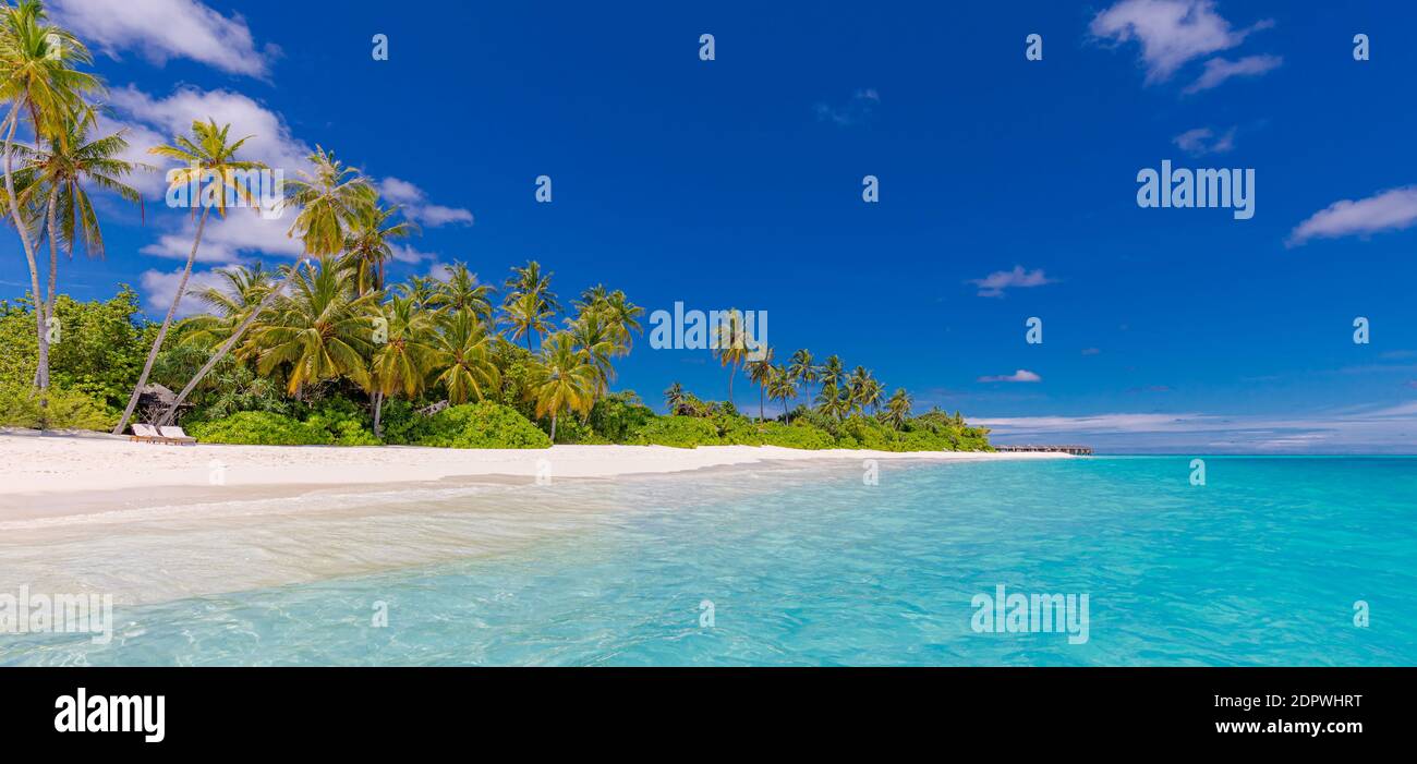 Tropischer Strand Panoramablick, Sommerlandschaft, Palmen und weißen Sand, Horizont der ruhigen Meer für Strand Banner. Entspannen Sie die Natur der Strandszene, Urlaub Stockfoto